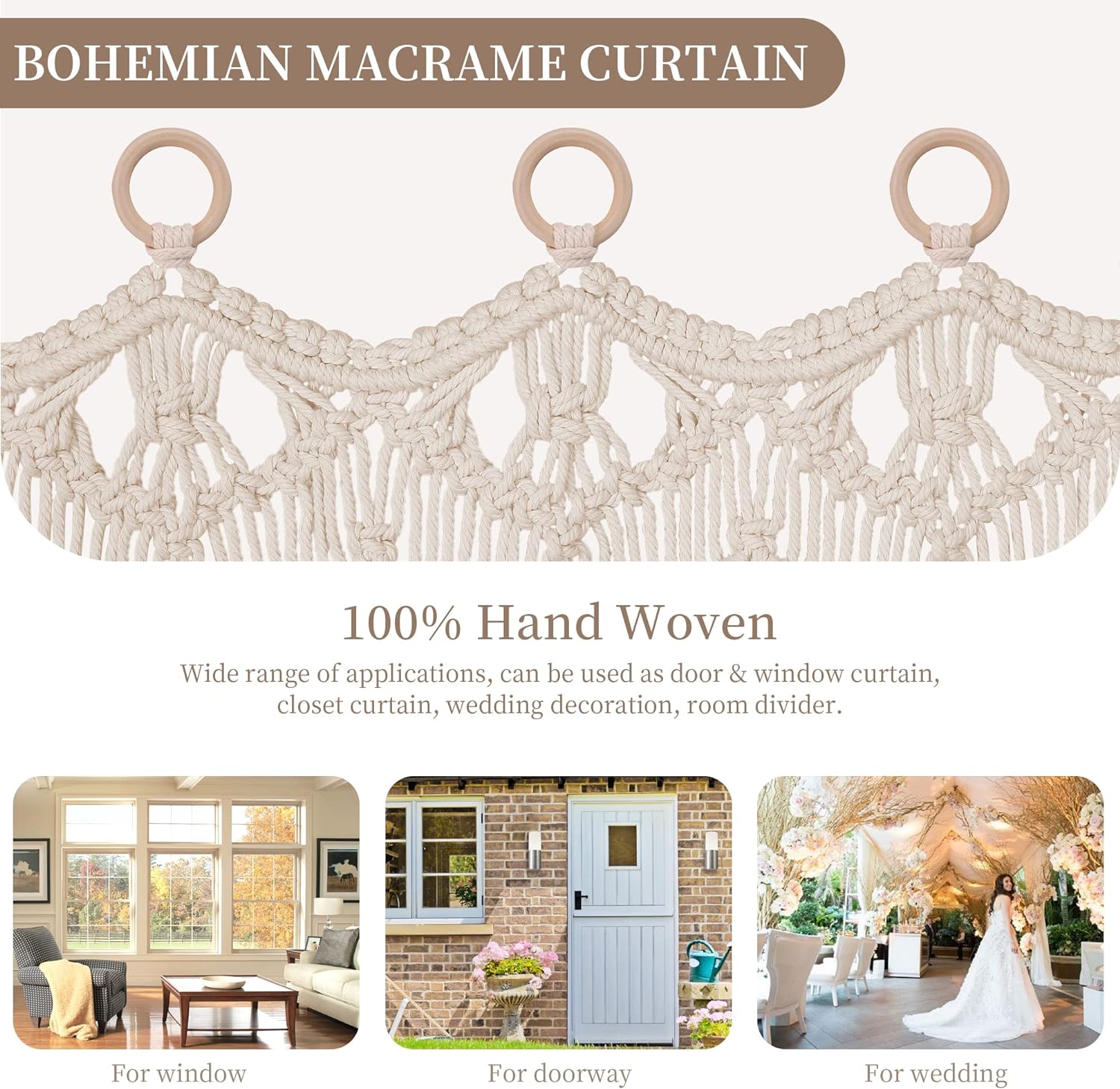 Boho Macrame Curtain Room Divider with Wood Grommets 2 Panels