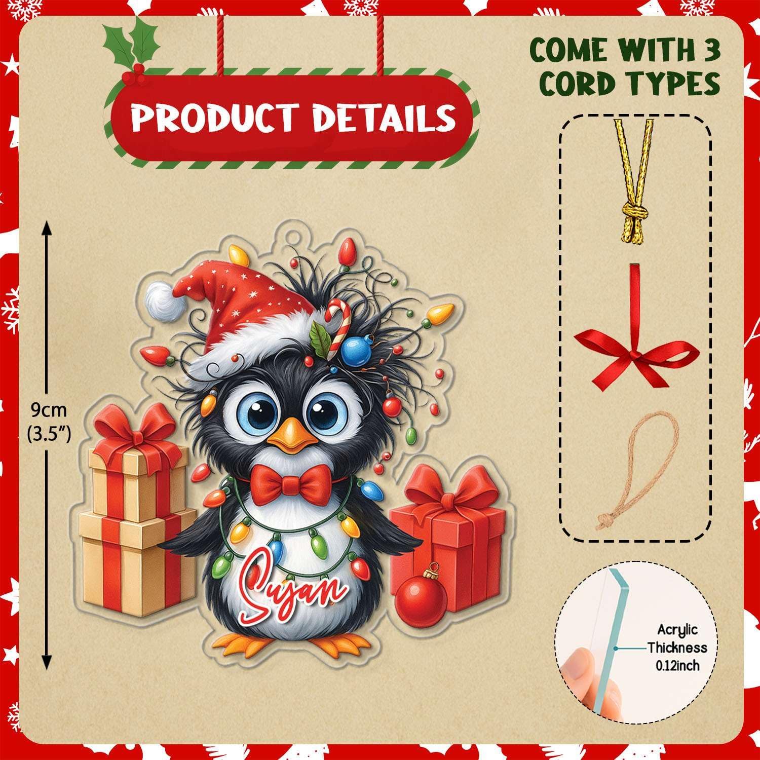 Personalized Penguin Christmas Ornament with Gift Boxes