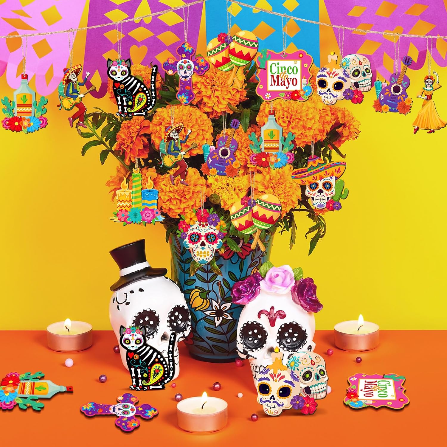 Soaoo 36 Pcs Day of the Dead Wooden Ornaments