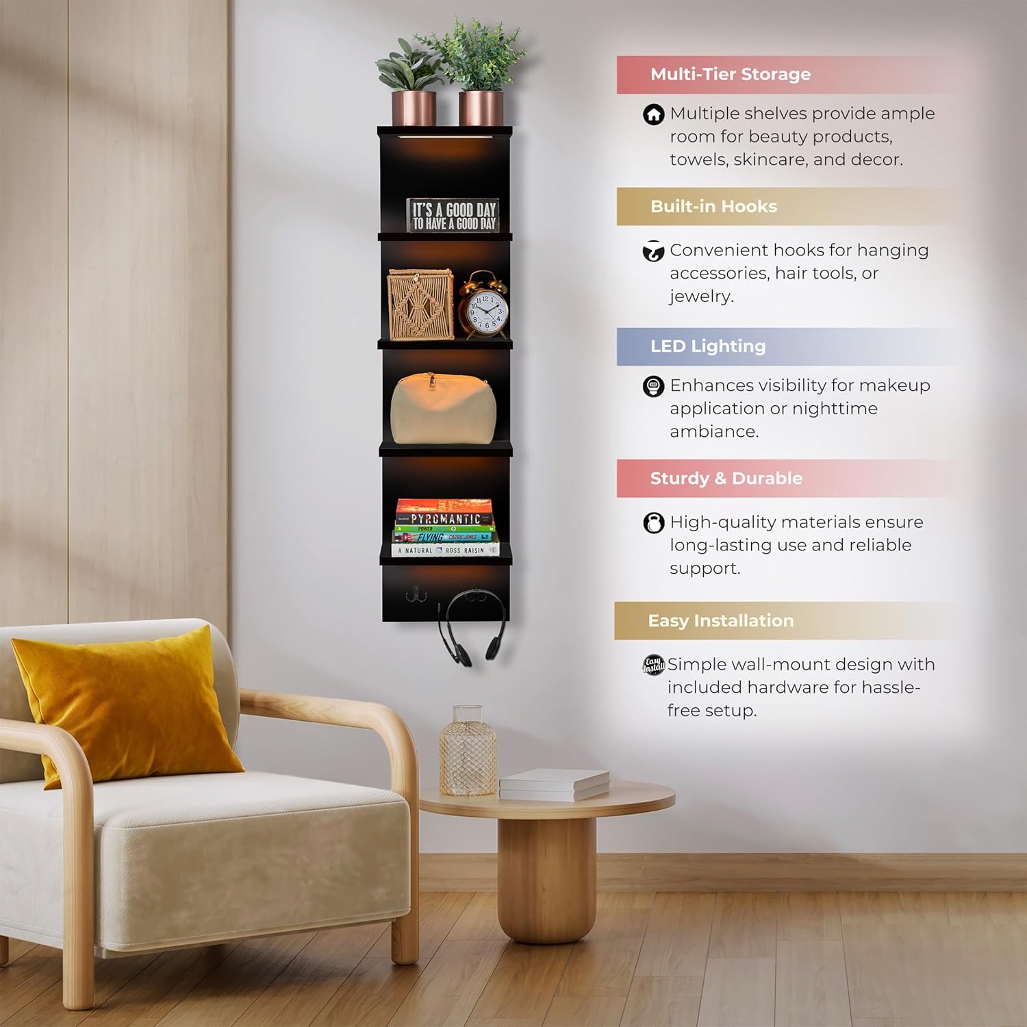 Sorbus LED Light 5 Tier Wall Shelf Unit