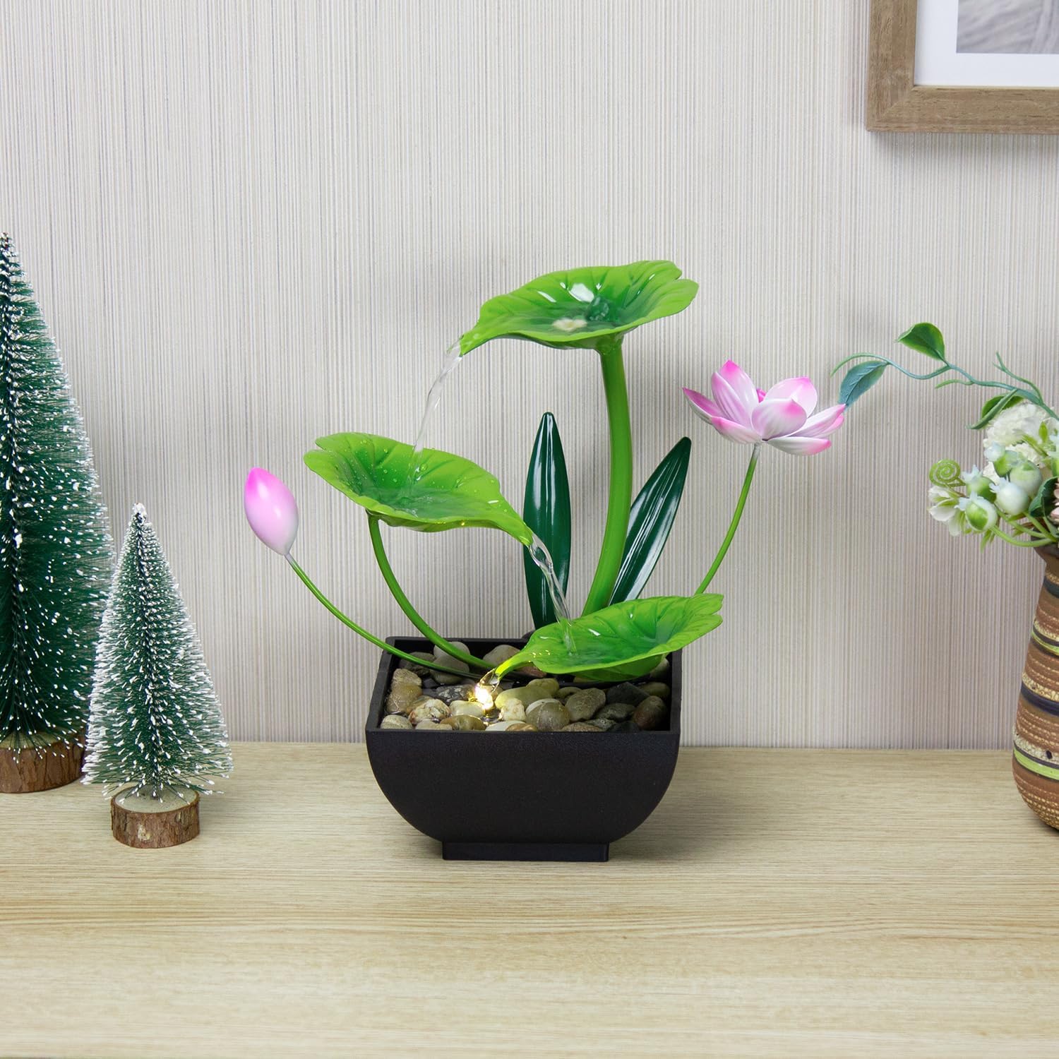 YOQUATE 3-Tier Tabletop Water Fountain with Lotus Design Green