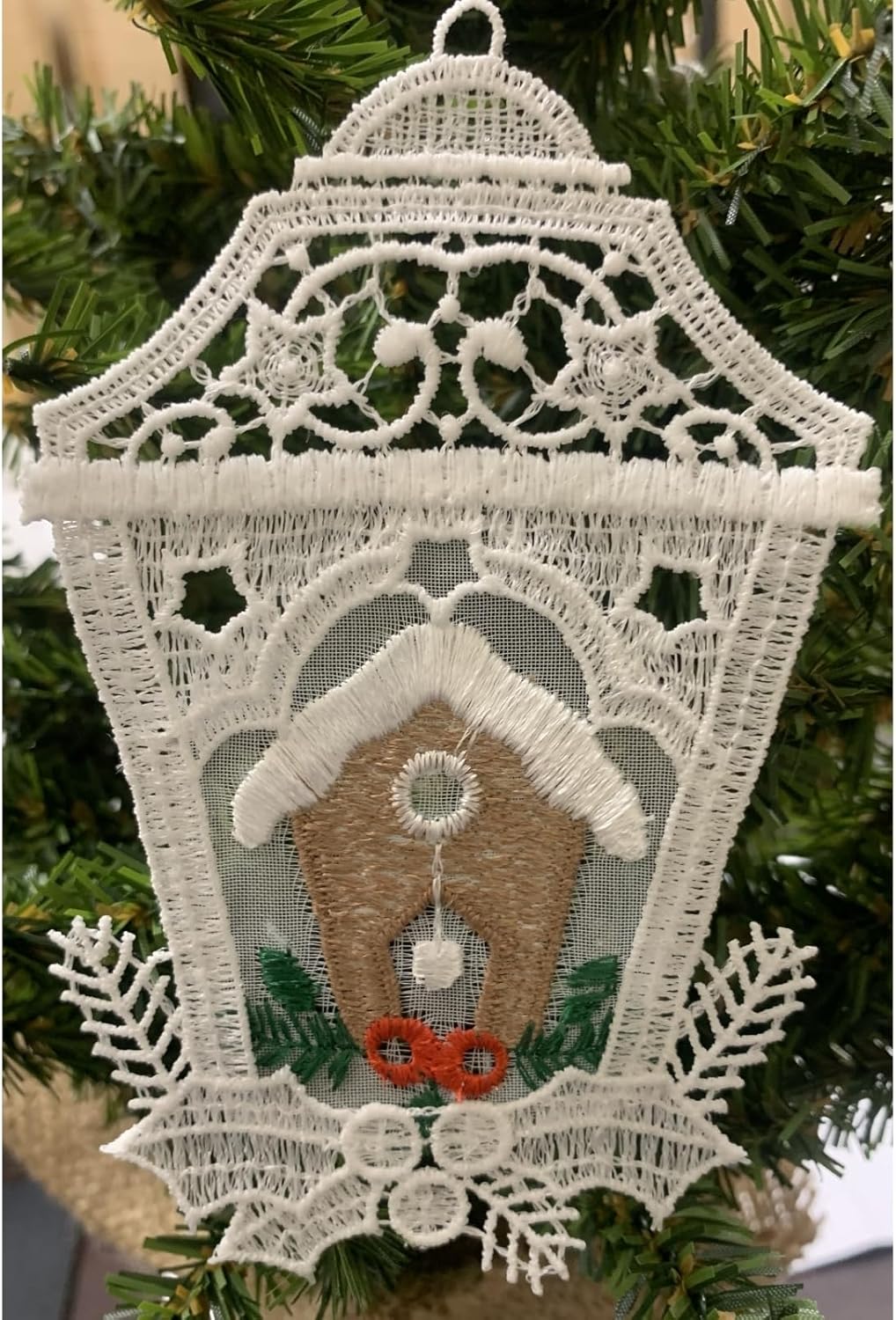 German Christmas Ornament Set of 6 White Lace Lantern with Gingerbread House