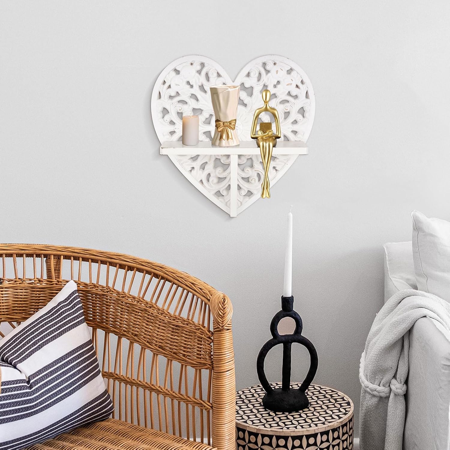 Rustic Heart-Shaped Floating Shelf with Hooks