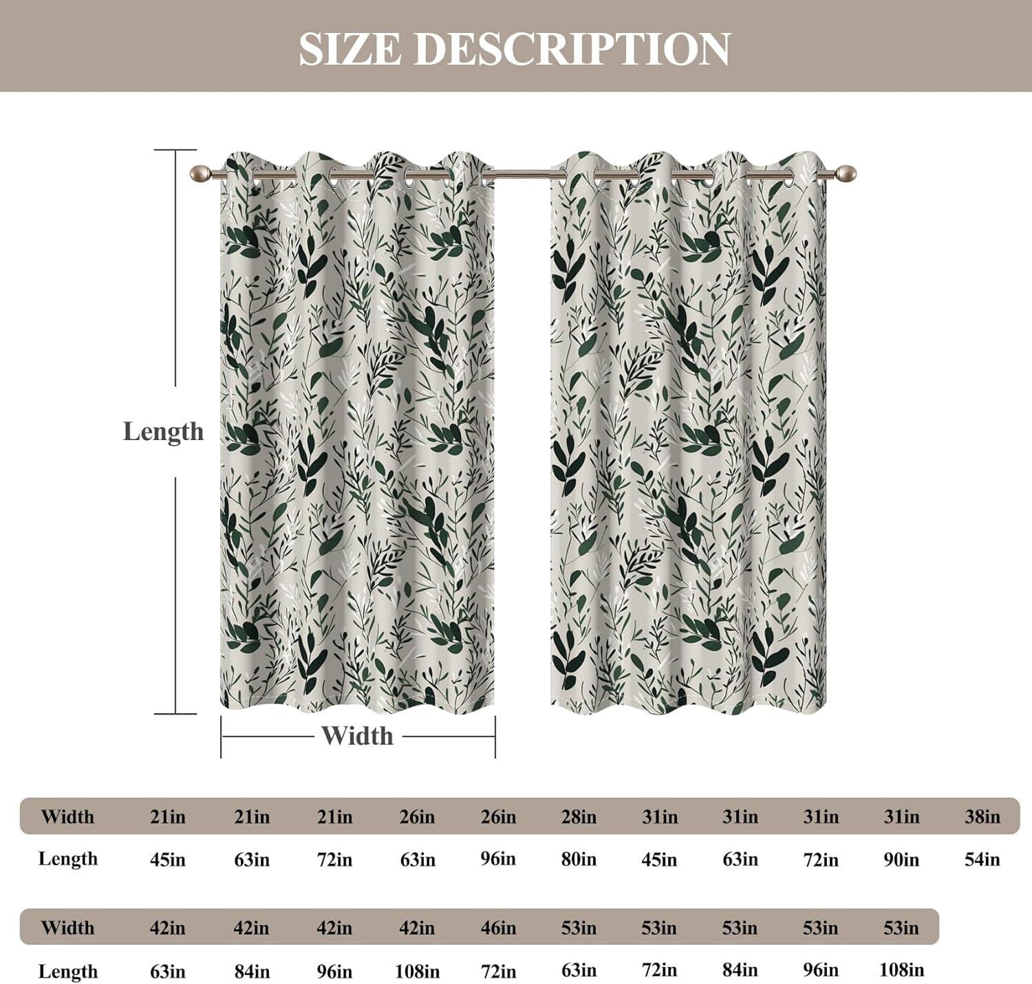 Baocicco Green Leaf Curtains 108 Inch Long 2 Panel Set