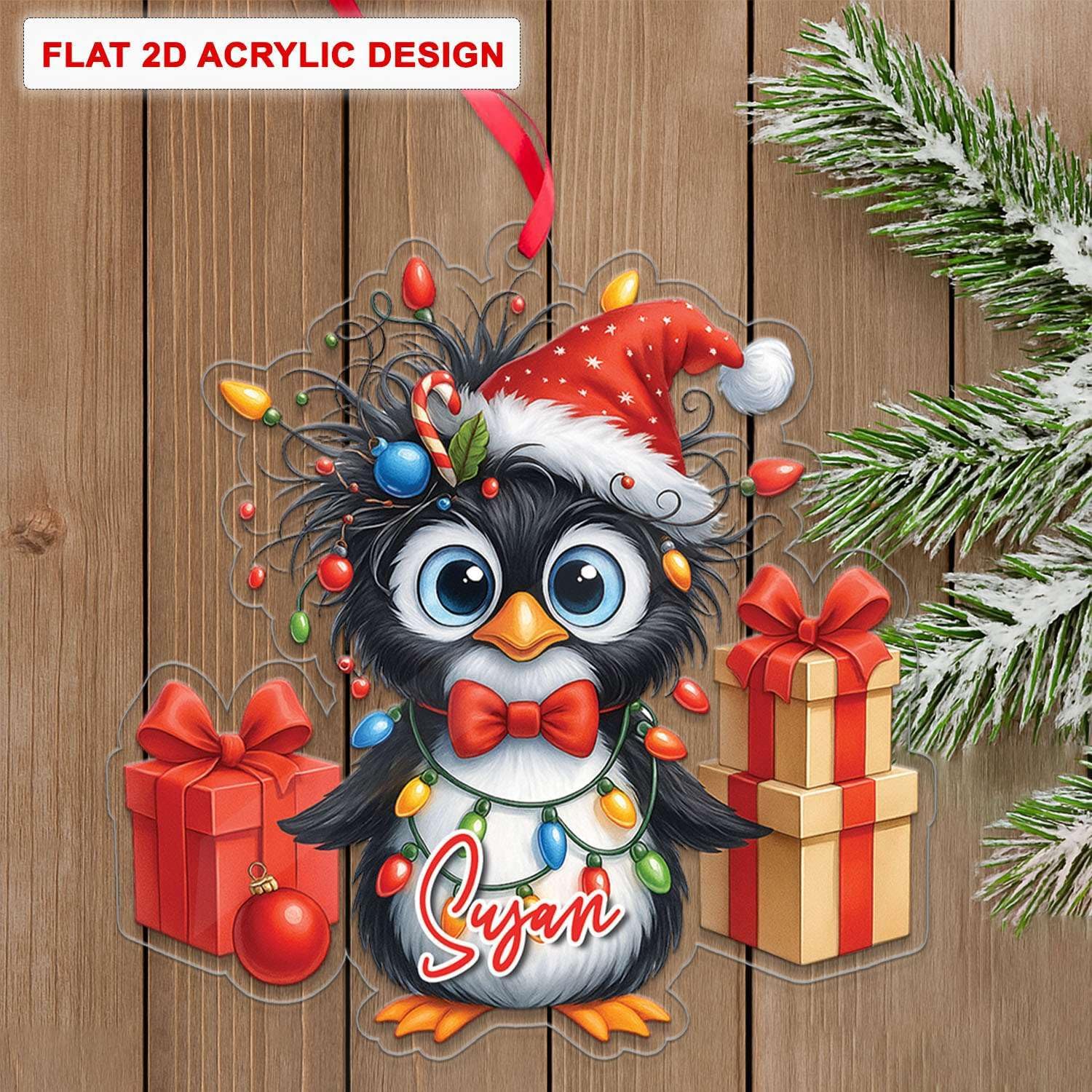 Personalized Penguin Christmas Ornament with Gift Boxes