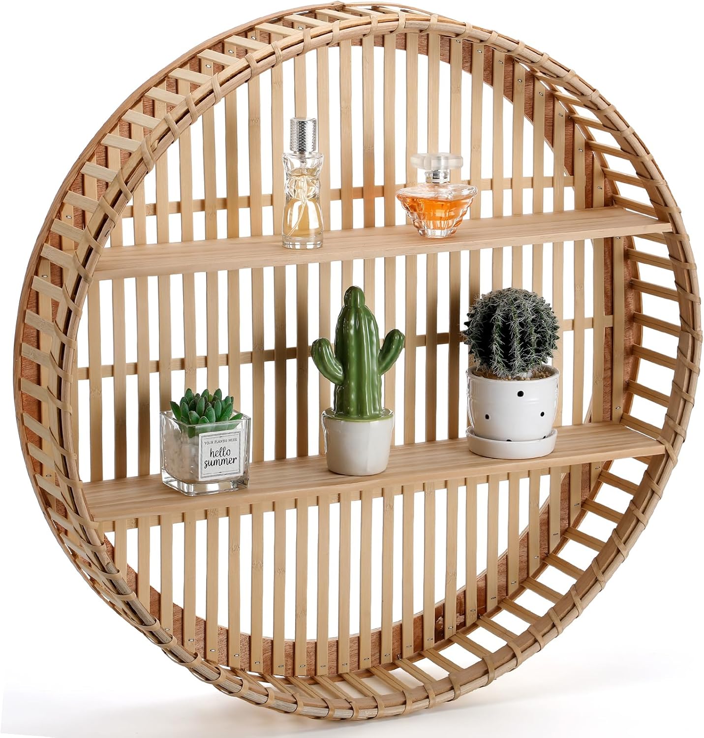 Pinkunn 2 Tier Round Rattan Wall Shelf Boho Decor