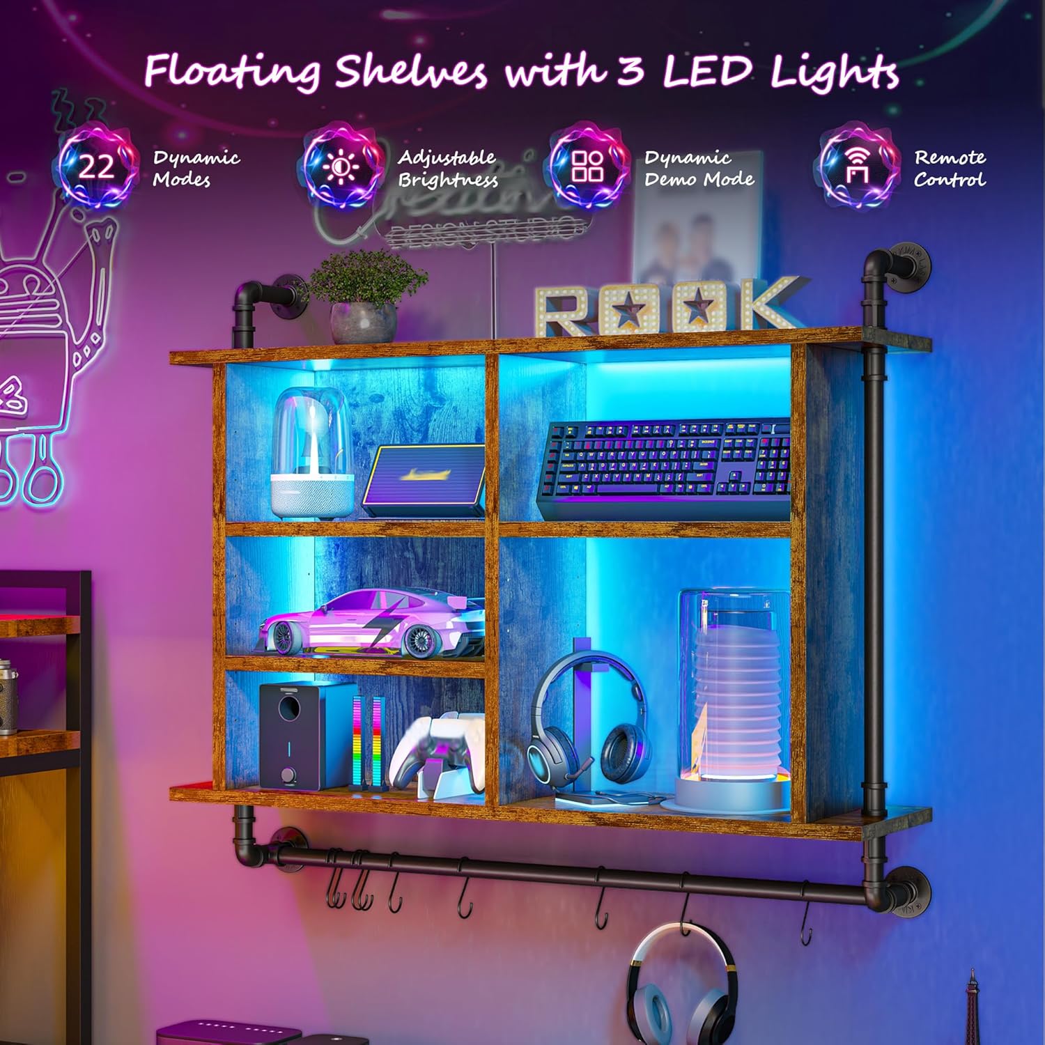 REIBII Wall Floating Shelves with LED Light