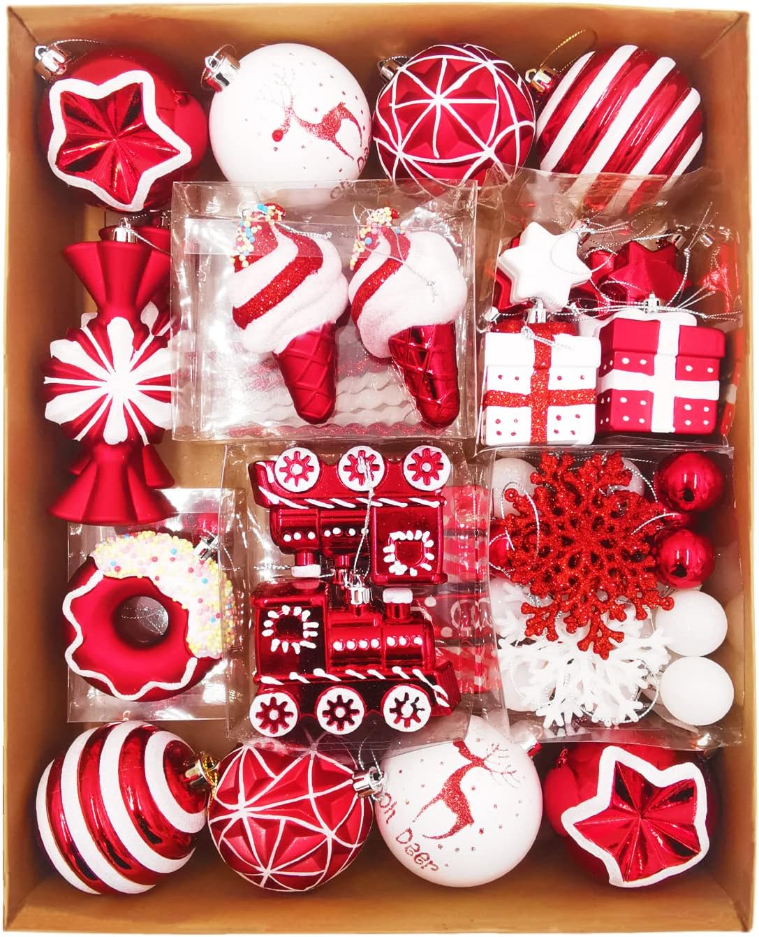 Christmas Tree Ball Ornaments Set 70 ct Red White Candy Train Theme
