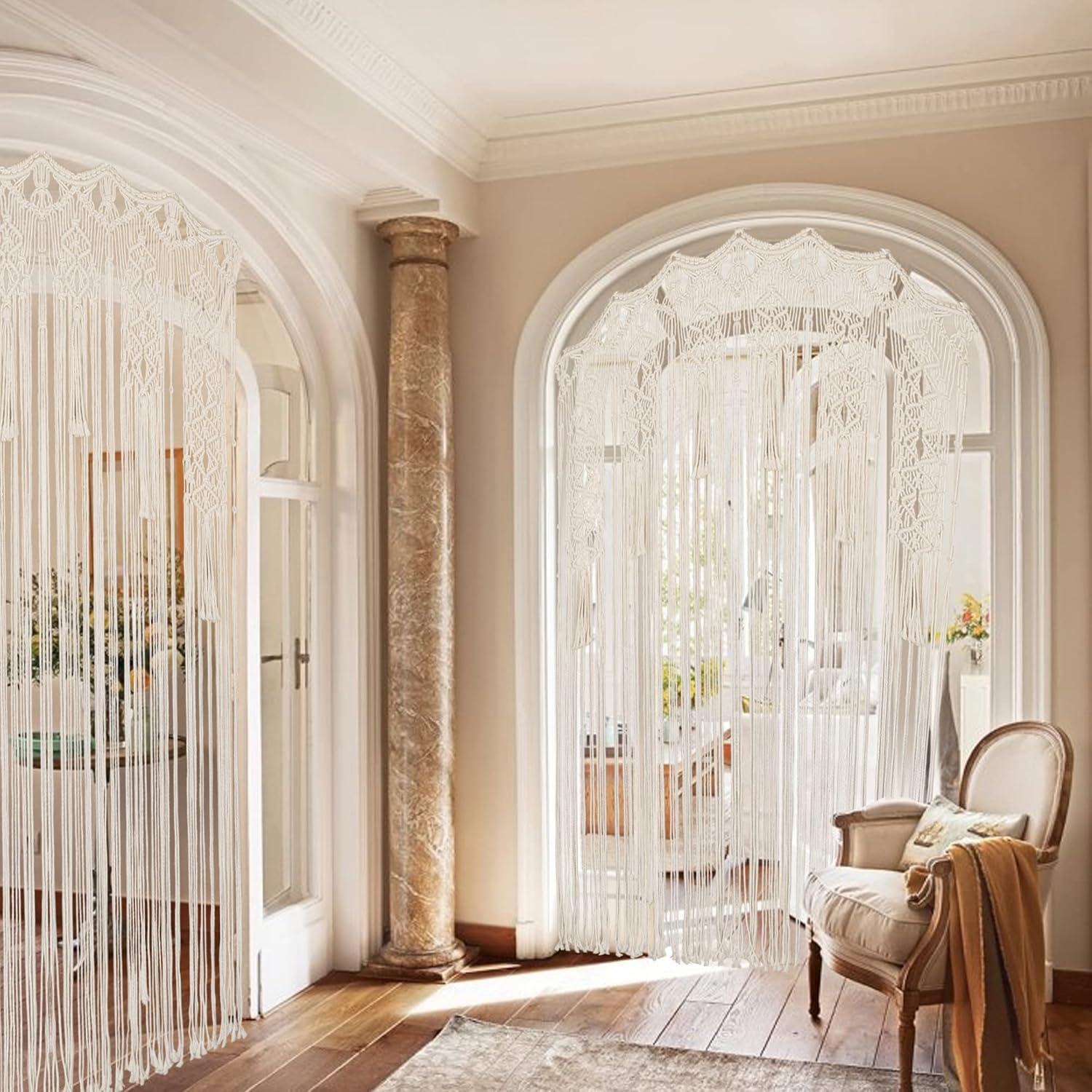 Boho Macrame Curtain Room Divider with Wood Grommets 2 Panels