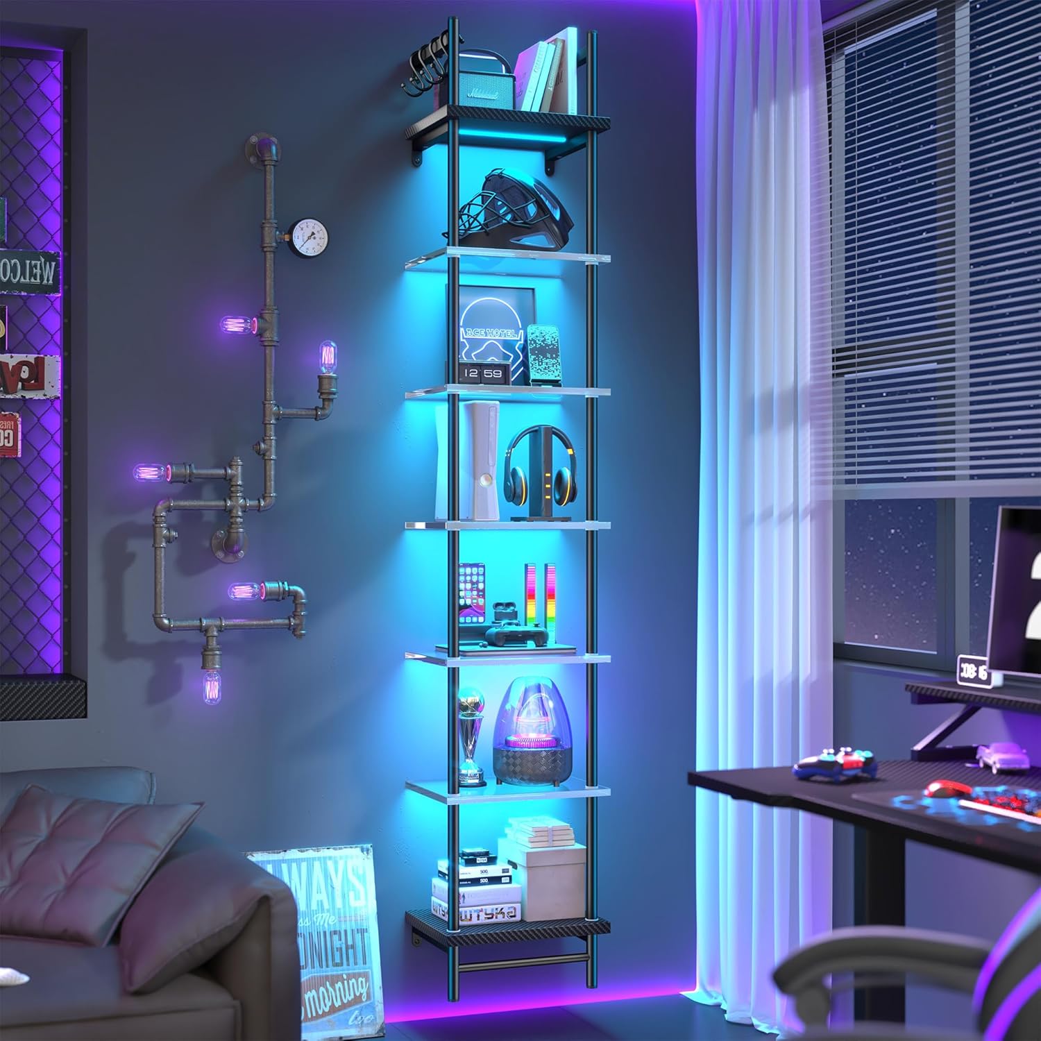 REIBII 7 Tier Floating Shelves with LED Light