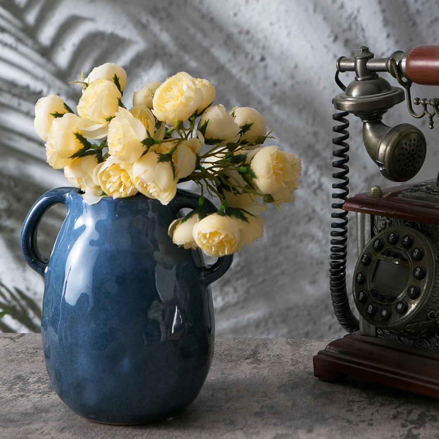 Blue Ceramic Vase with 2 Handles - Modern Farmhouse Decor
