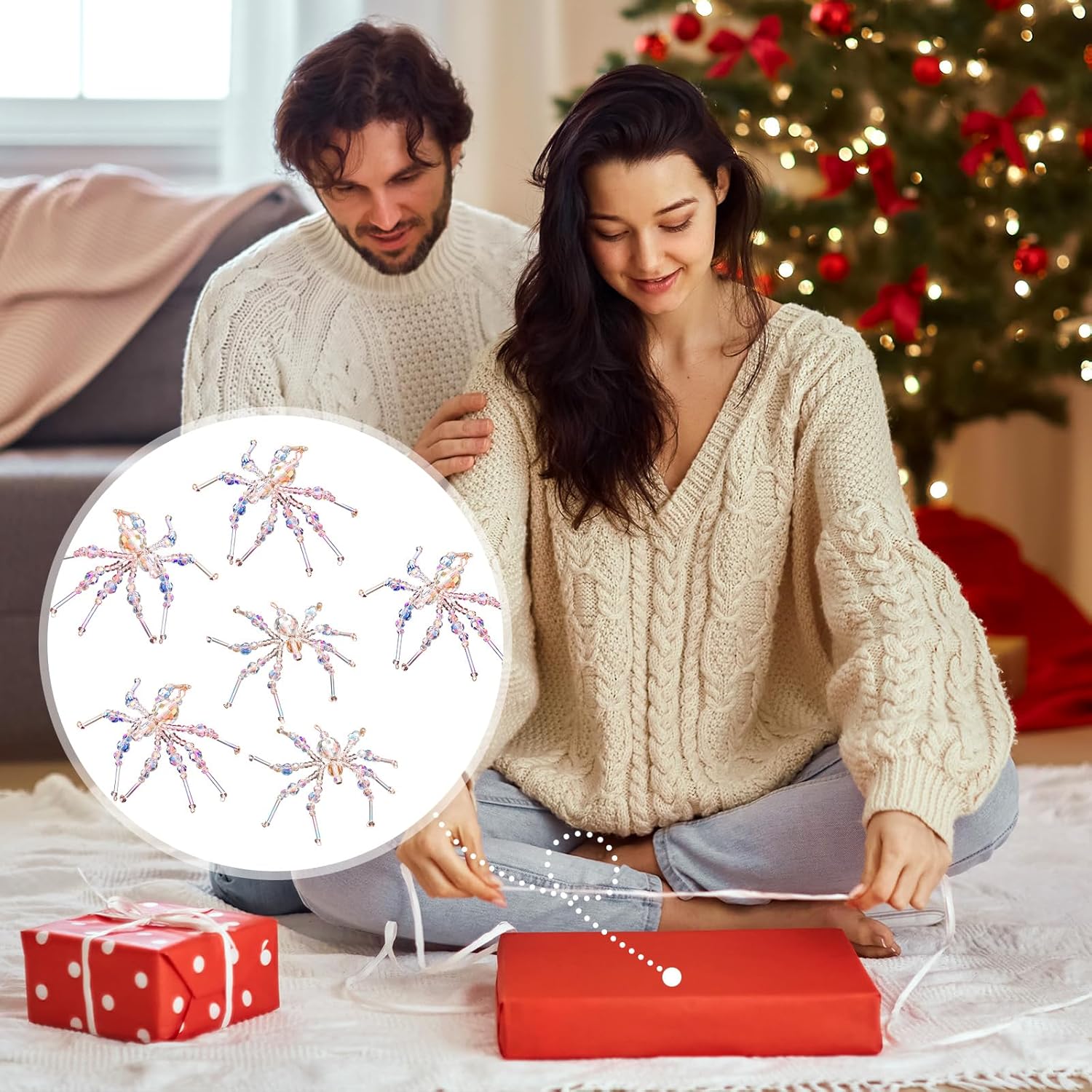 8 Pcs Crystal Christmas Spider Ornament Beaded Hanging Decorations