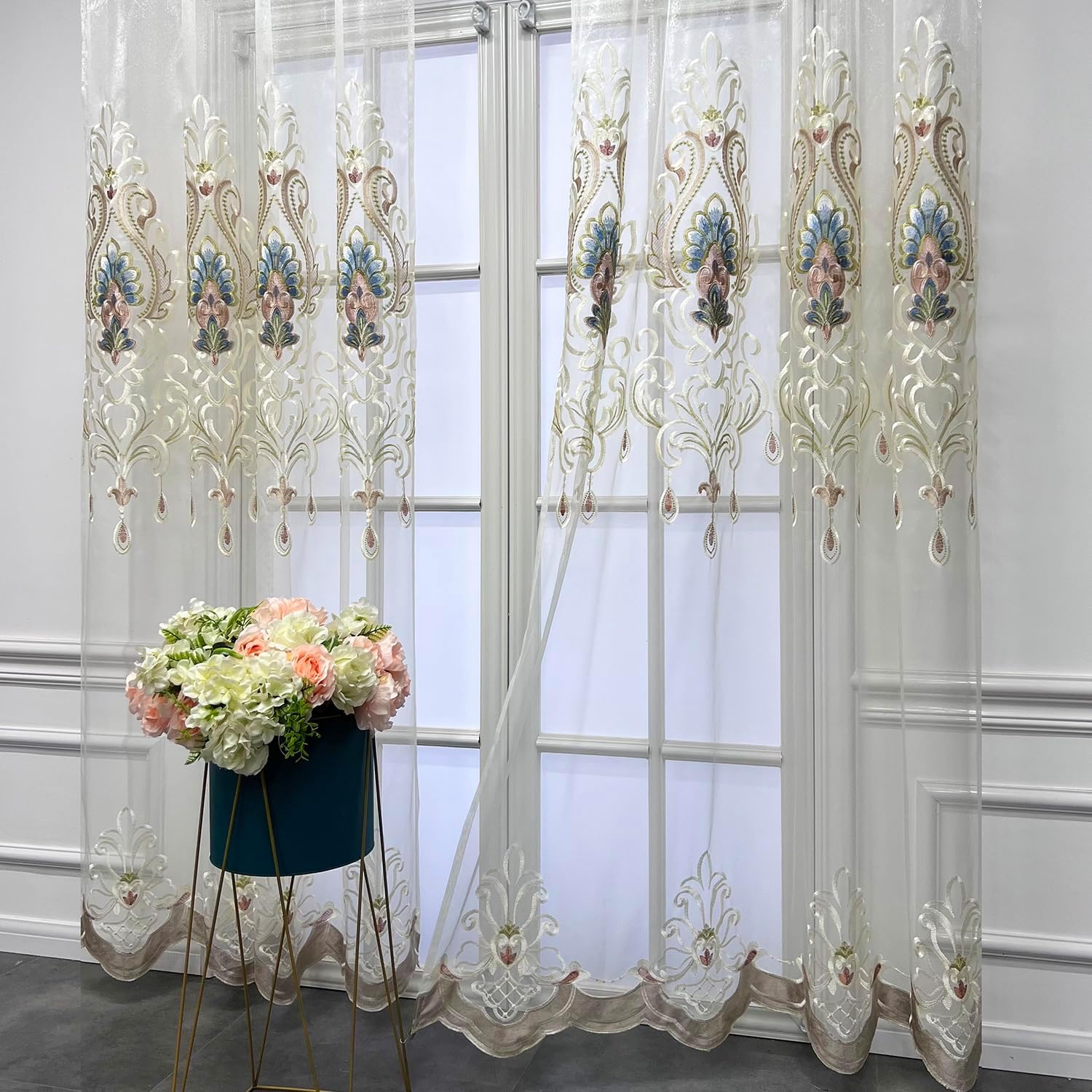 Elegant Floral Embroidered Sheer Curtains 2 Panels W80 X L96 Inch Grommet