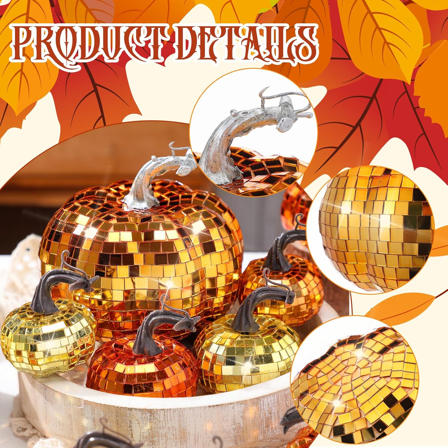 Lenwen 12 Pcs Mirrored Glitter Pumpkin Decor Set