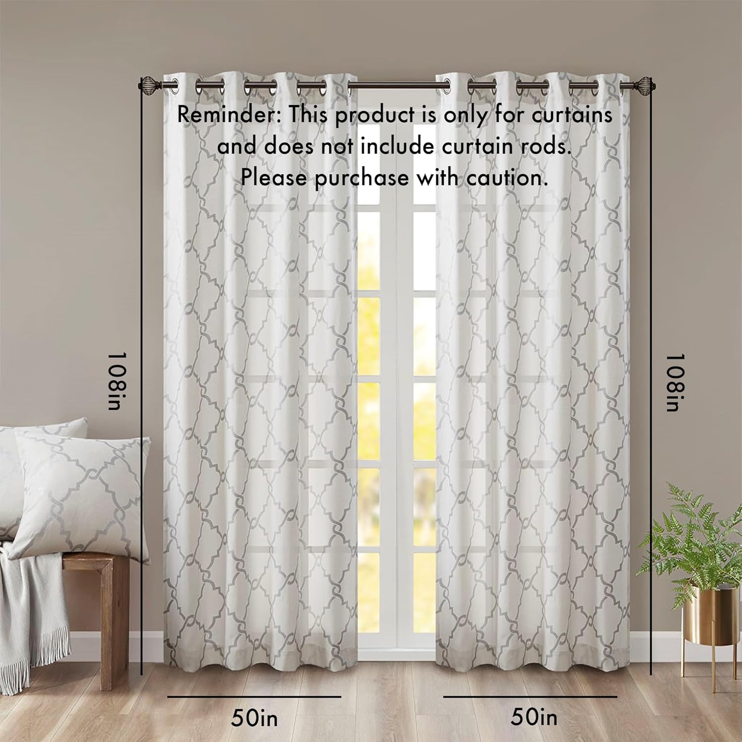 Fretwork Print Grommet Top Curtain Panel Ivory and Grey 50x108 Inches