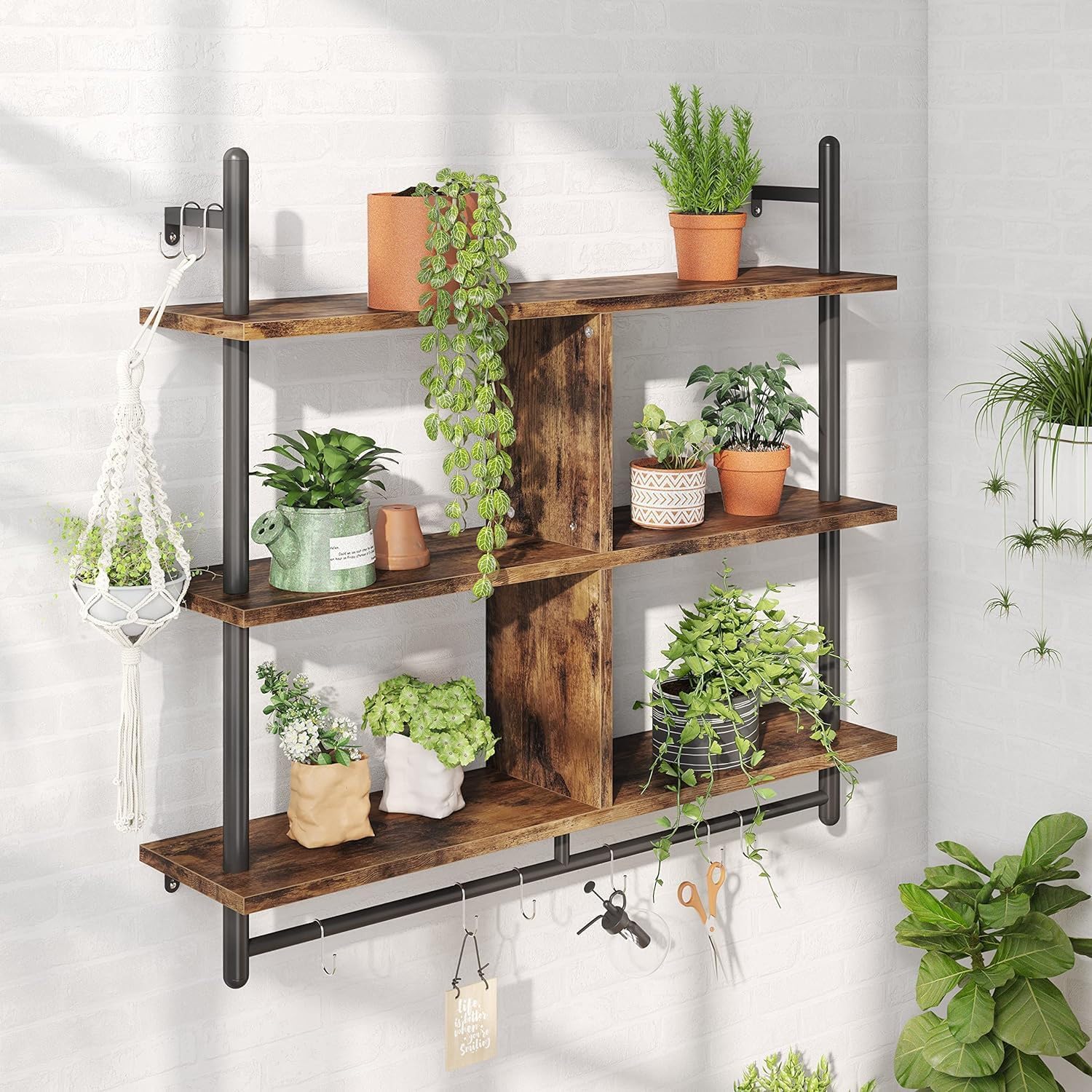 3 Tiers Wood Floating Shelving with Hooks