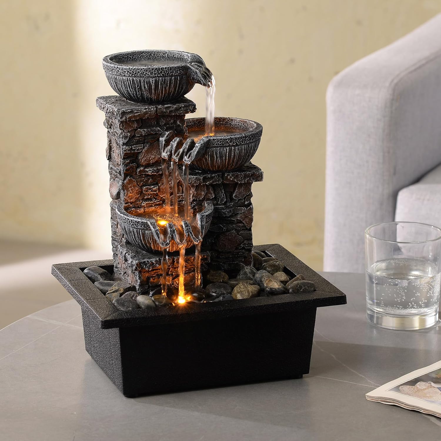 Kalona Tabletop Fountain with LED Light and Waterfall Sound