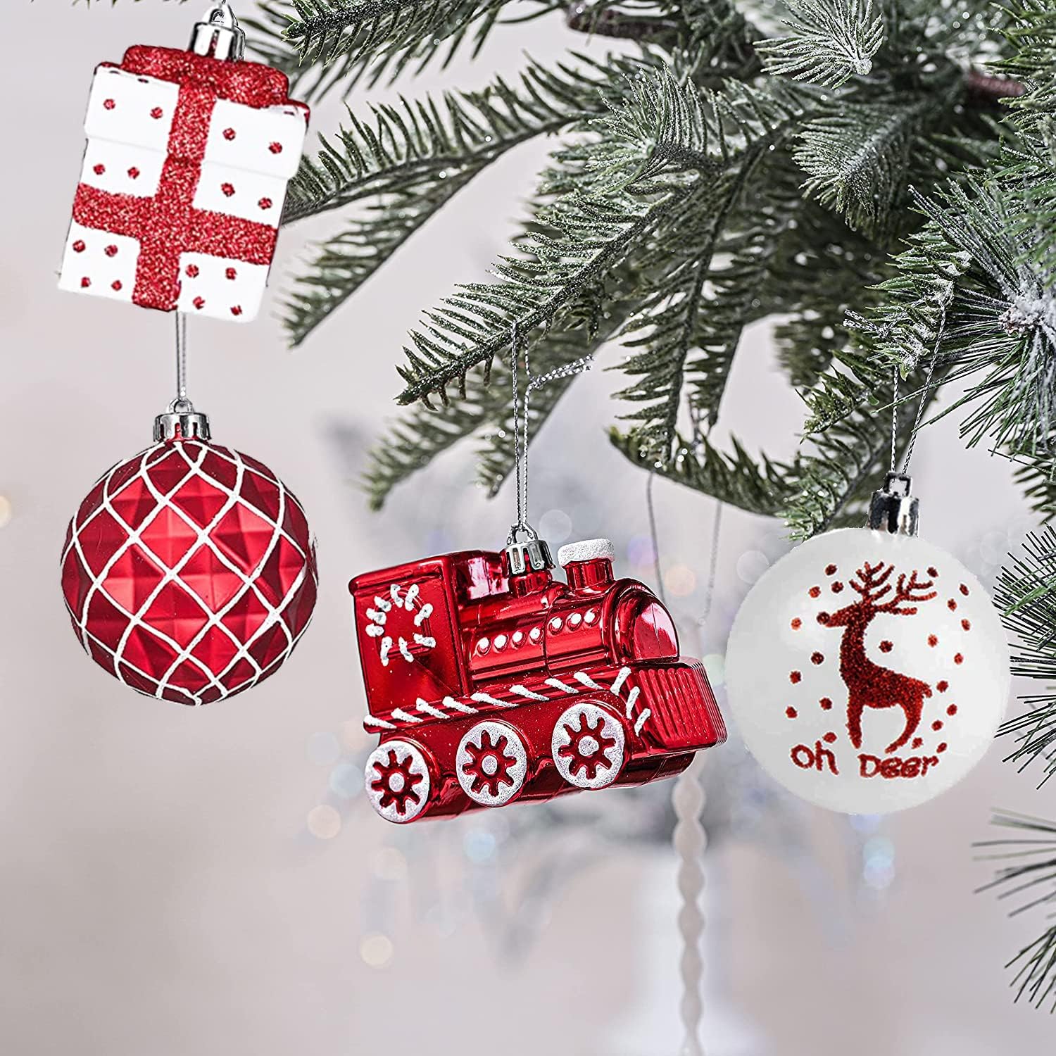Christmas Tree Ball Ornaments Set 70 ct Red White Candy Train Theme
