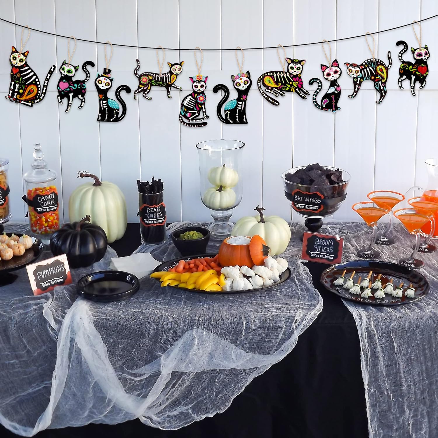 WATINC 31pcs Day of the Dead Cat Skeleton Wood Hanging Ornament