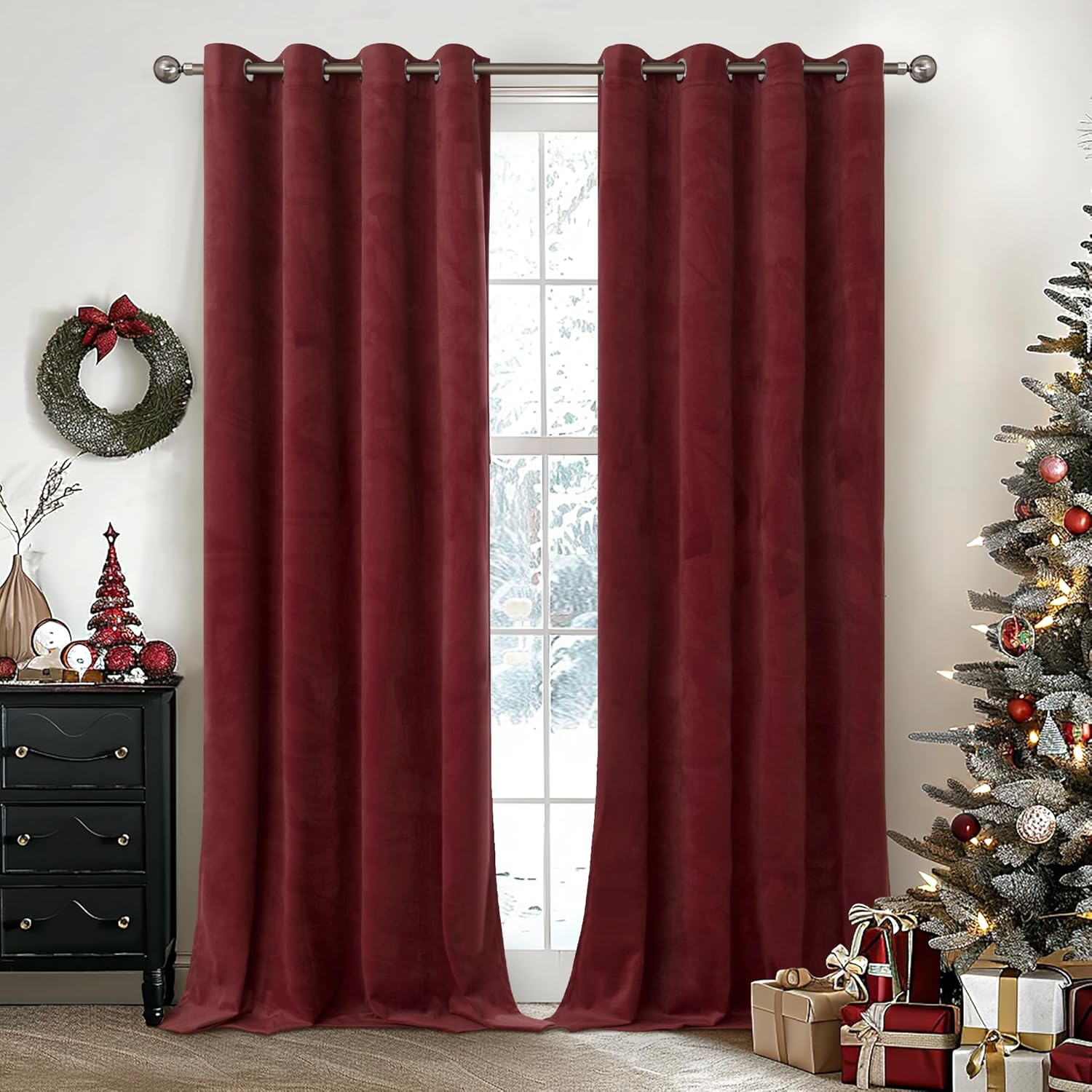 YoungsTex Burgundy Velvet Curtain Panels 52x108 Inch 2 Panels