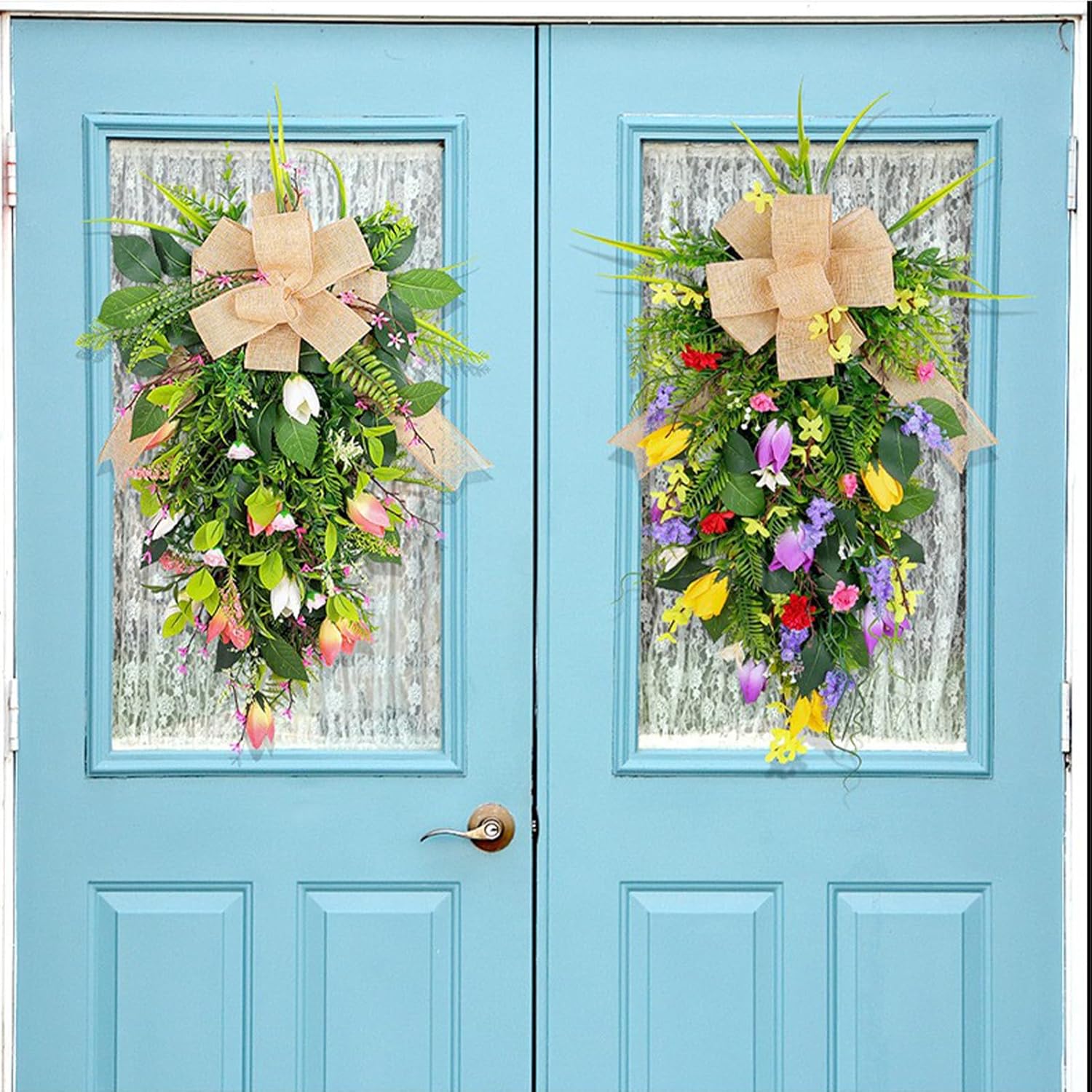Spring Summer Teardrop Swag Artificial Tulips Door Wreath White Pink