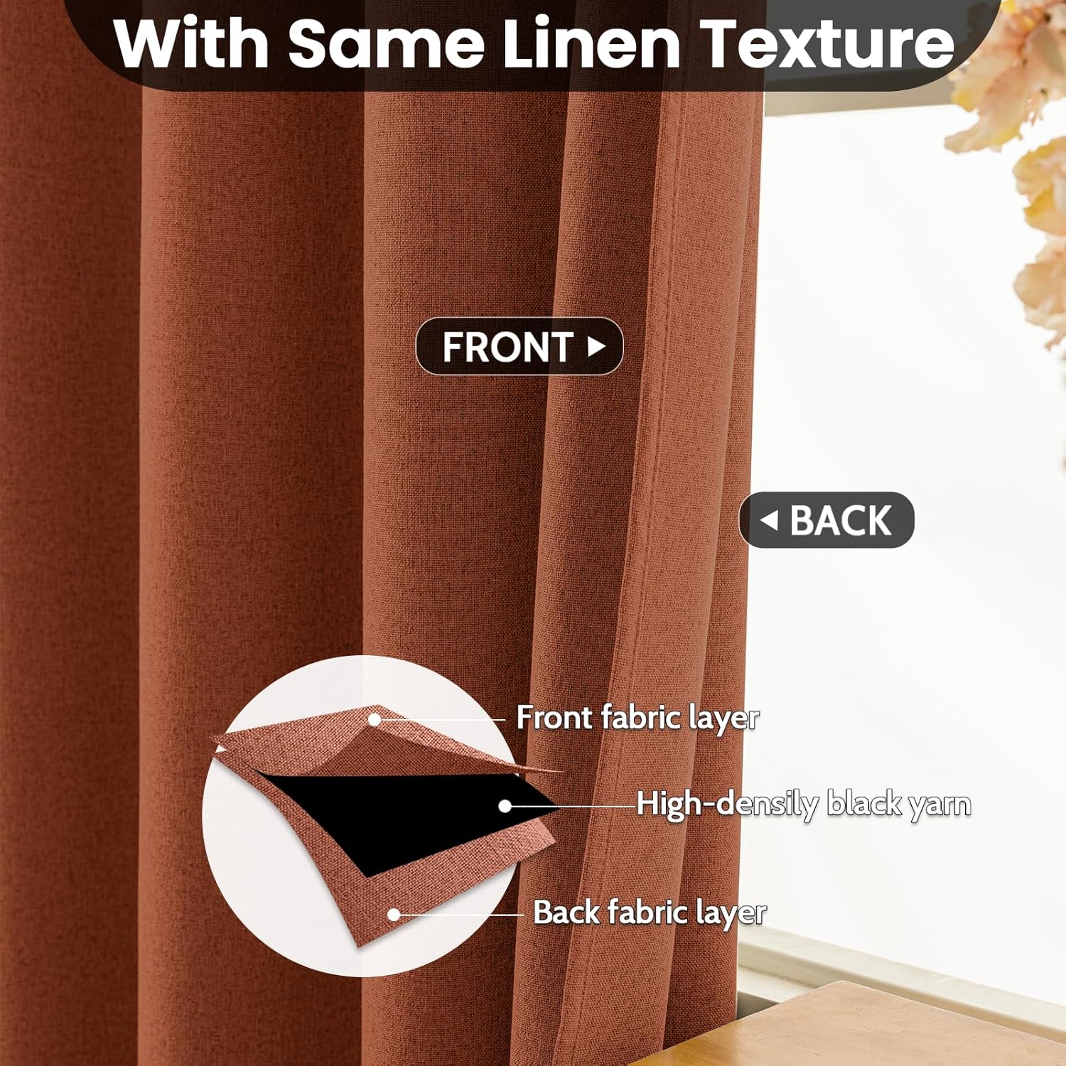 COSVIYA 100 Blackout Burnt Orange Linen Curtains 2 Panels Set
