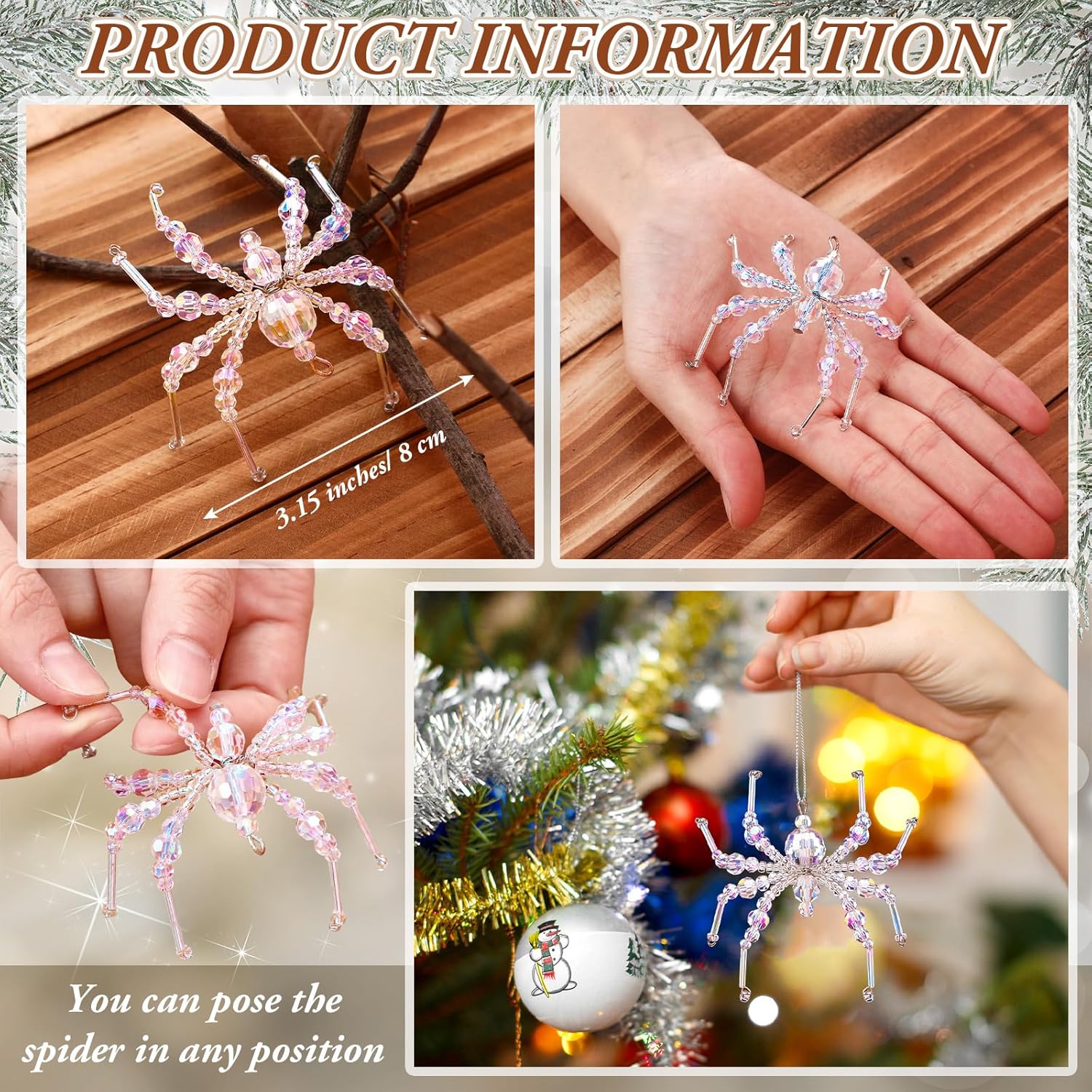 8 Pcs Crystal Christmas Spider Ornament Beaded Hanging Decorations