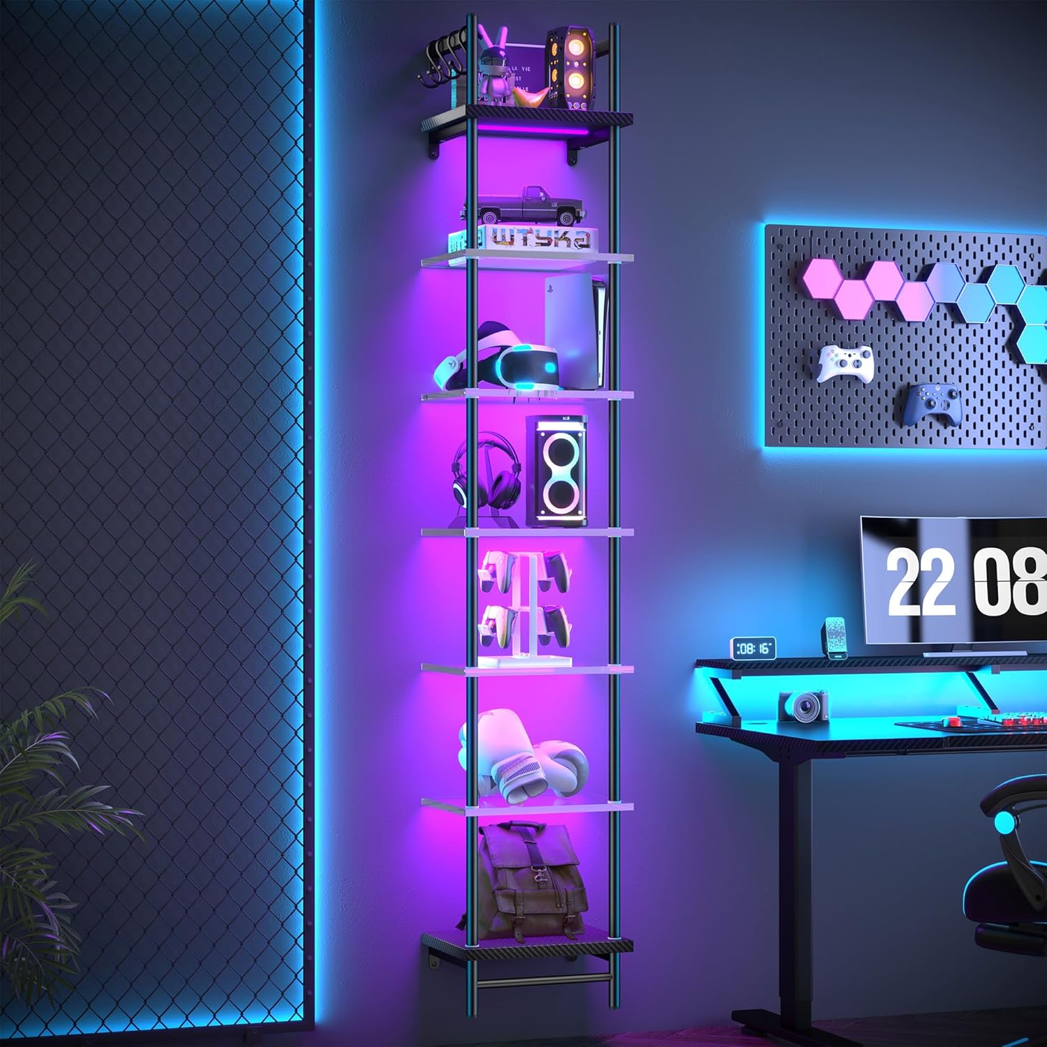 REIBII 7 Tier Floating Shelves with LED Light