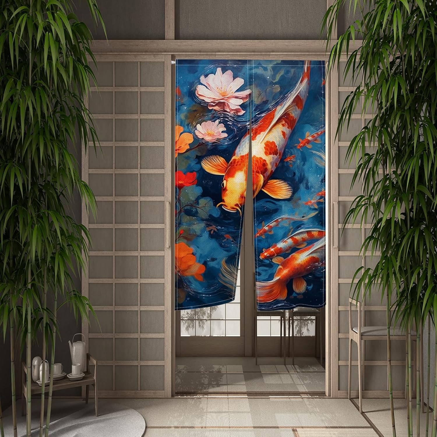 Red White Koi Noren Door Curtain for Kitchen and Bathroom