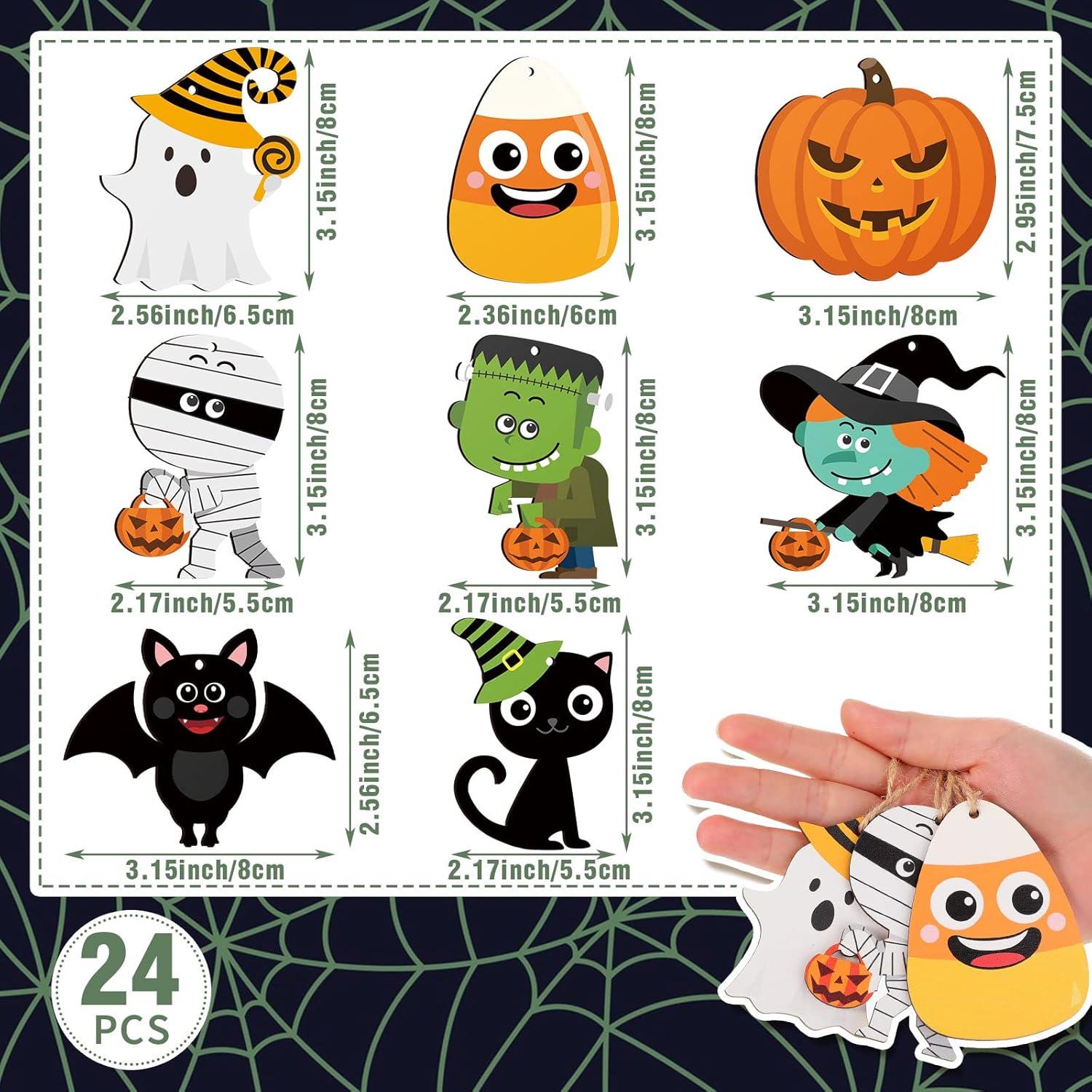 24 Pcs Halloween Wood Tree Ornaments with Rope