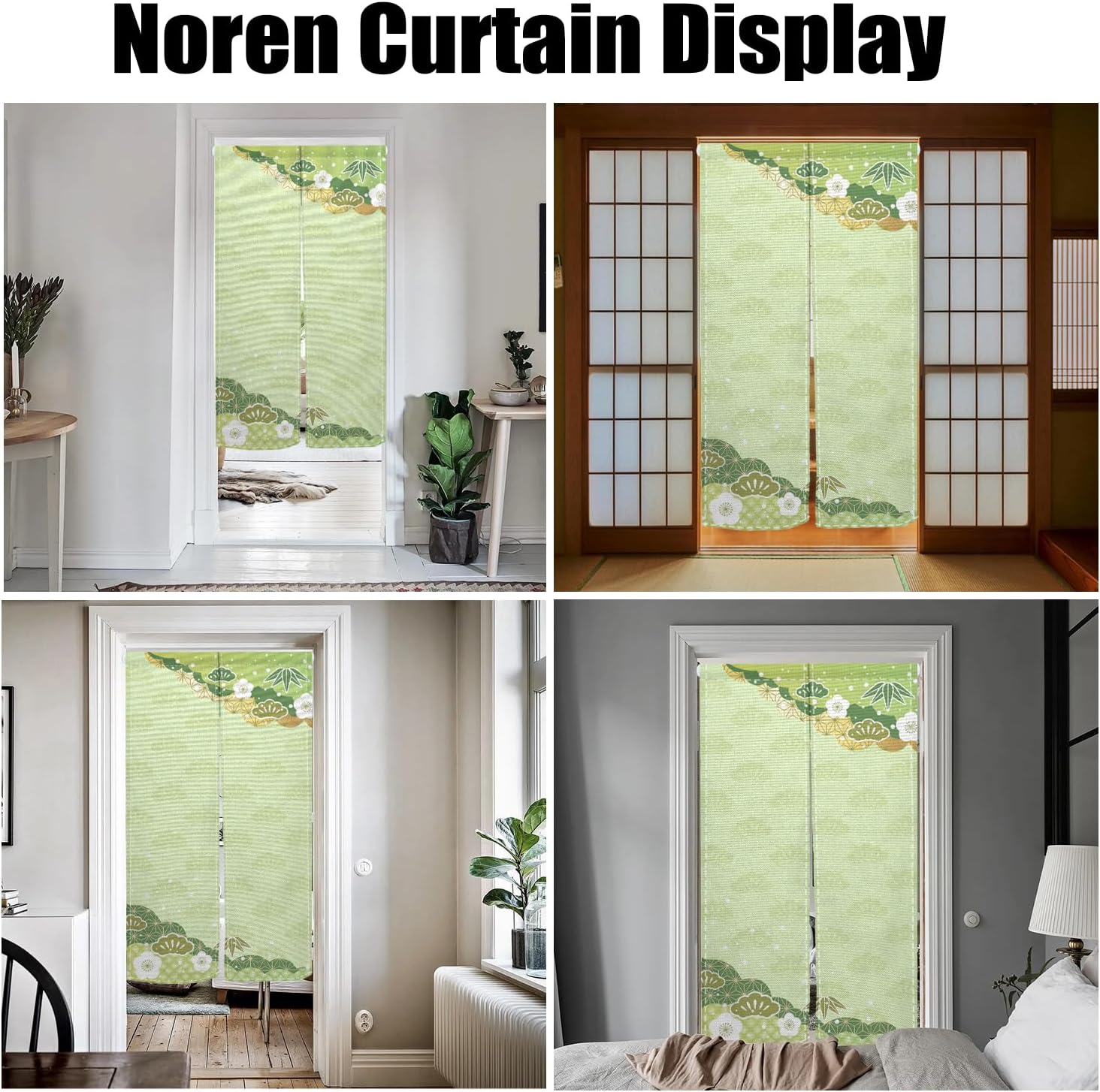 Japanese Door Curtain with Bloomy Flowers Design 34x48 Green