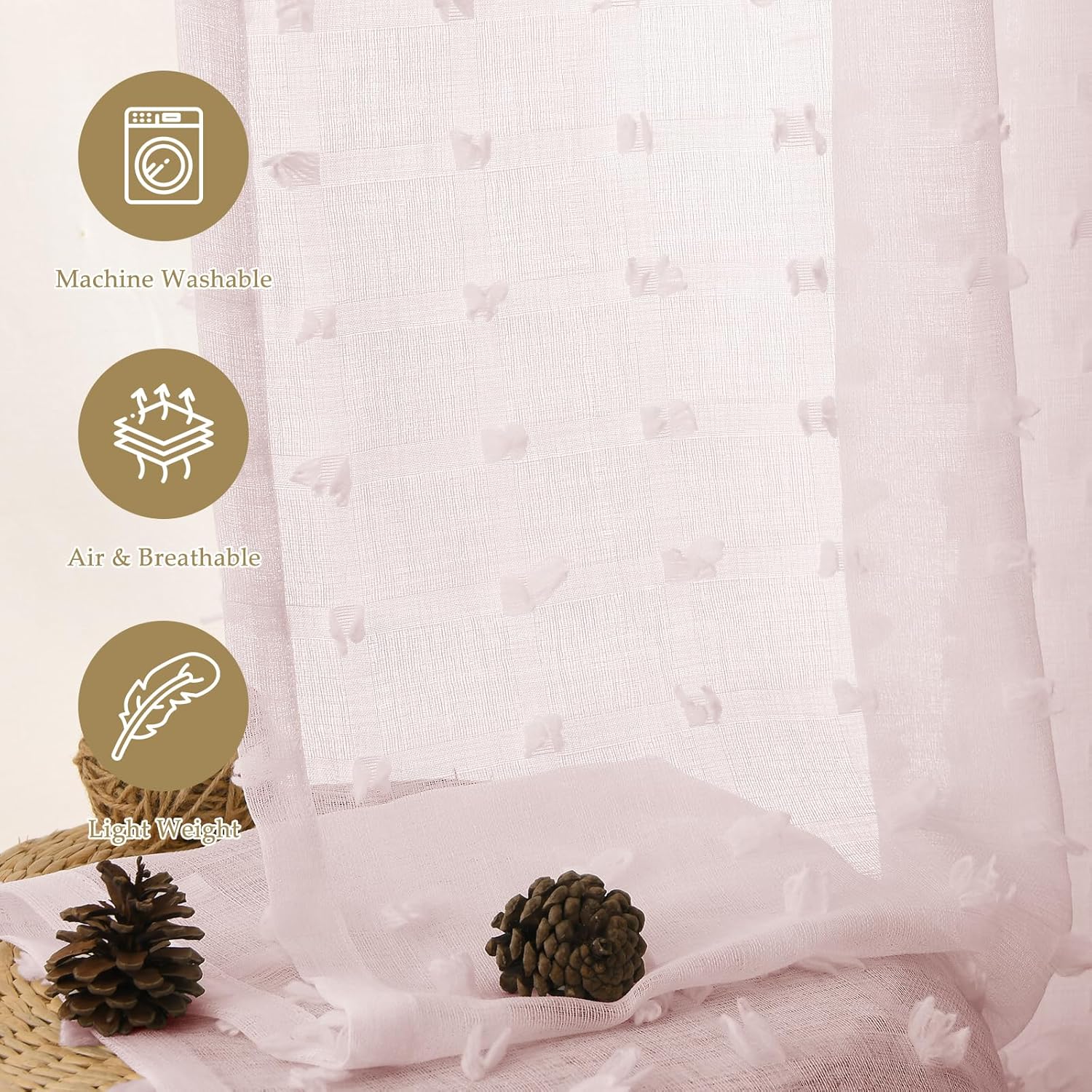 Guken Pom Pom Sheer Curtains 120 Length 2 Panels Pink