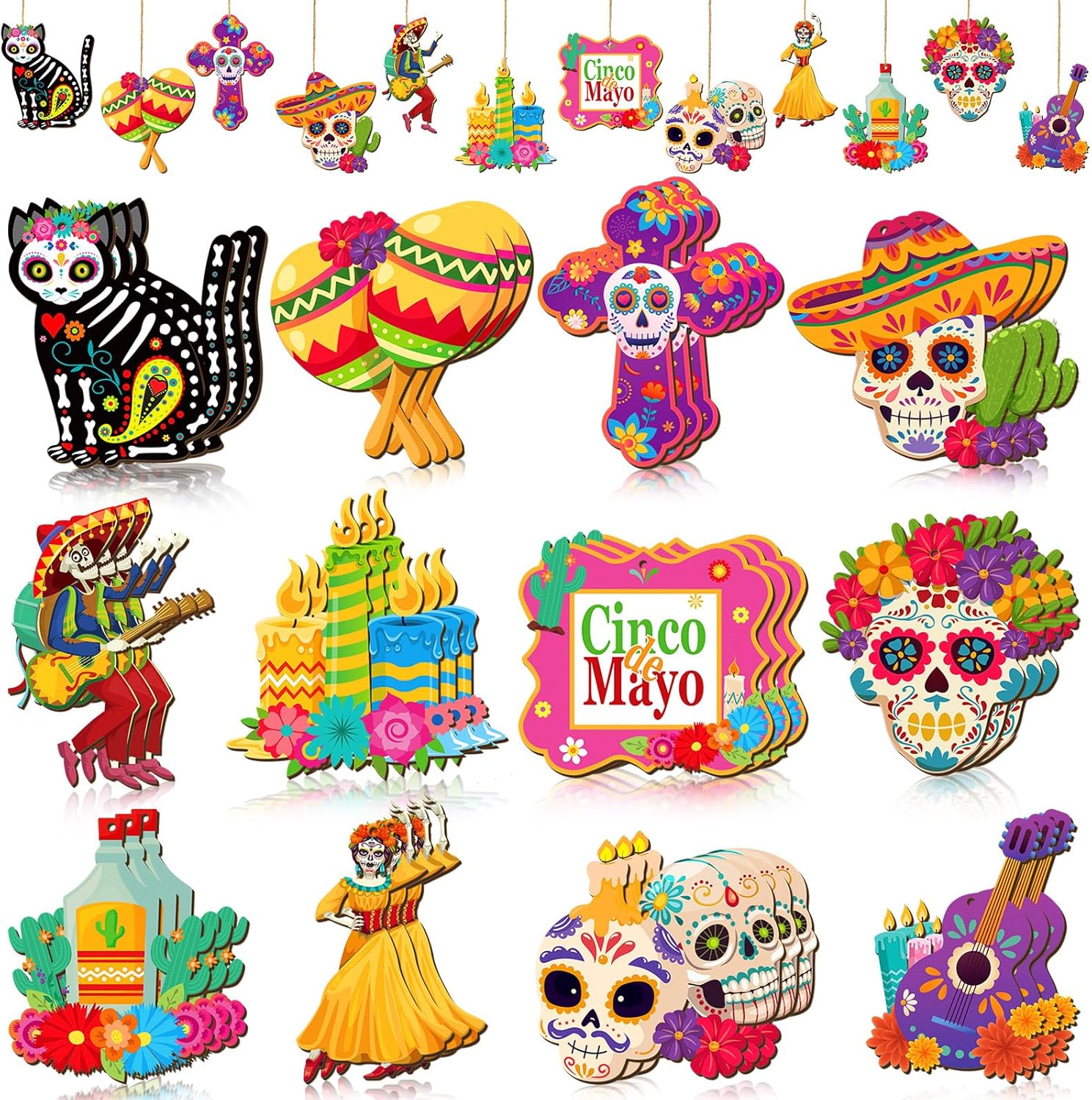 Soaoo 36 Pcs Day of the Dead Wooden Ornaments
