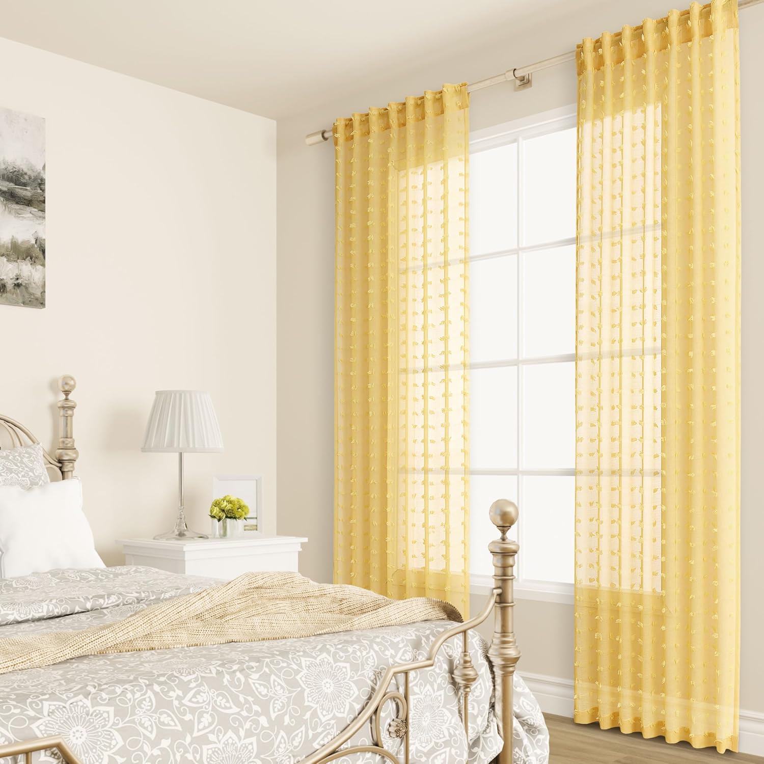 Guken Yellow Semi Sheer Curtains 2 Panels 108 Inches Long