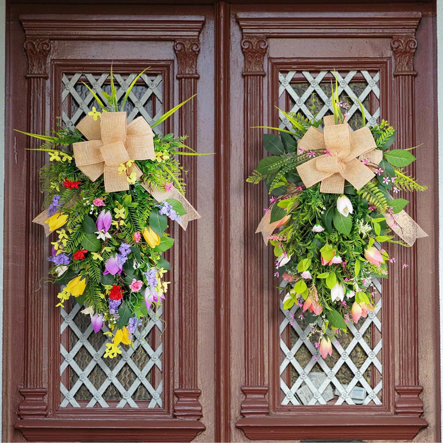 Spring Summer Teardrop Swag Artificial Tulips Door Wreath White Pink
