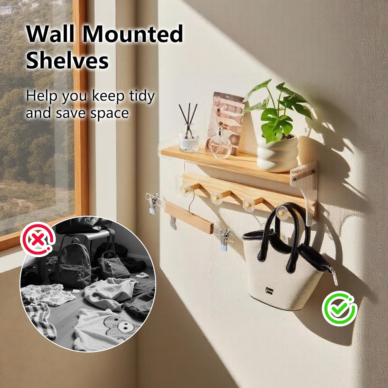 Floating Wall Shelves with Hooks 16 Inch Solid Wood