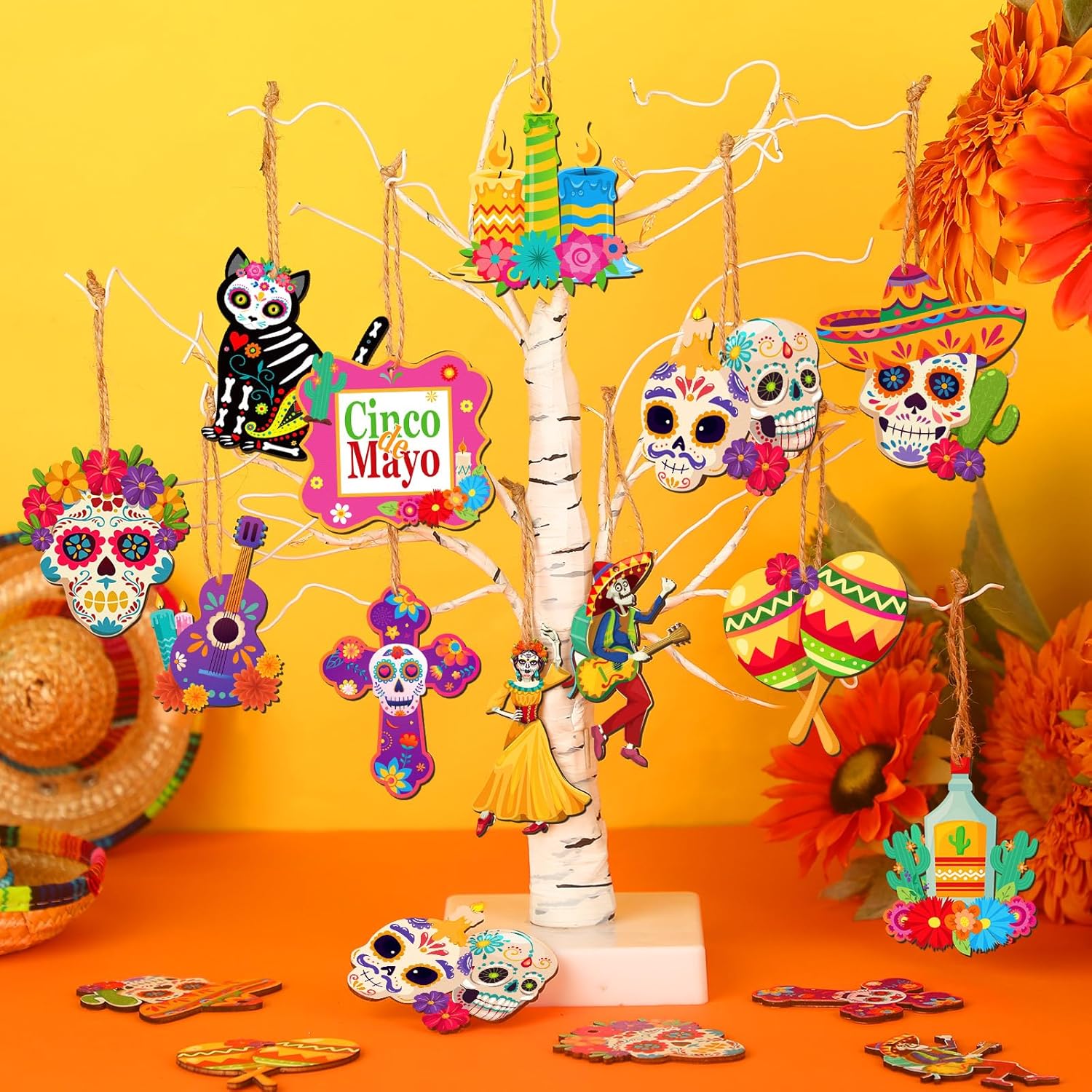 Soaoo 36 Pcs Day of the Dead Wooden Ornaments
