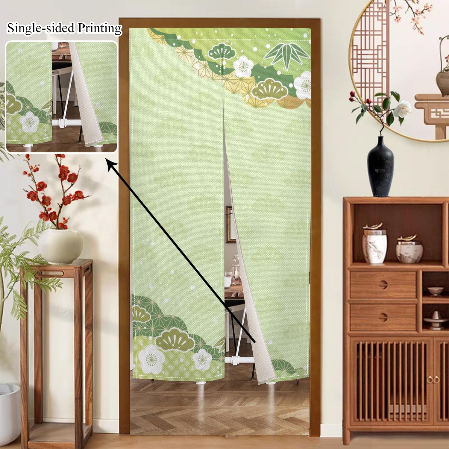 Japanese Door Curtain with Bloomy Flowers Design 34x48 Green