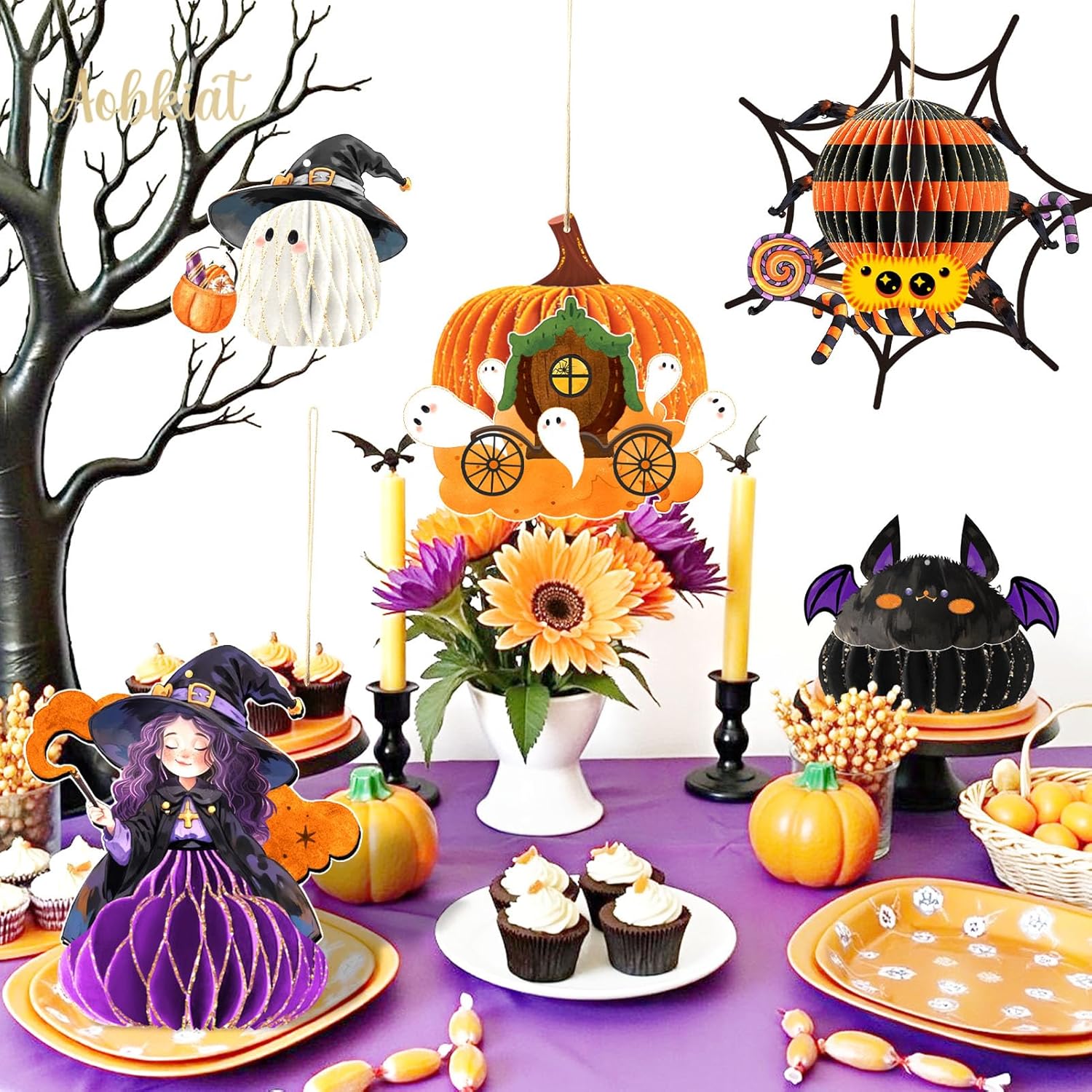 AOBKIAT Halloween Hanging Decorations 5PCS Gold Glitter Ornaments