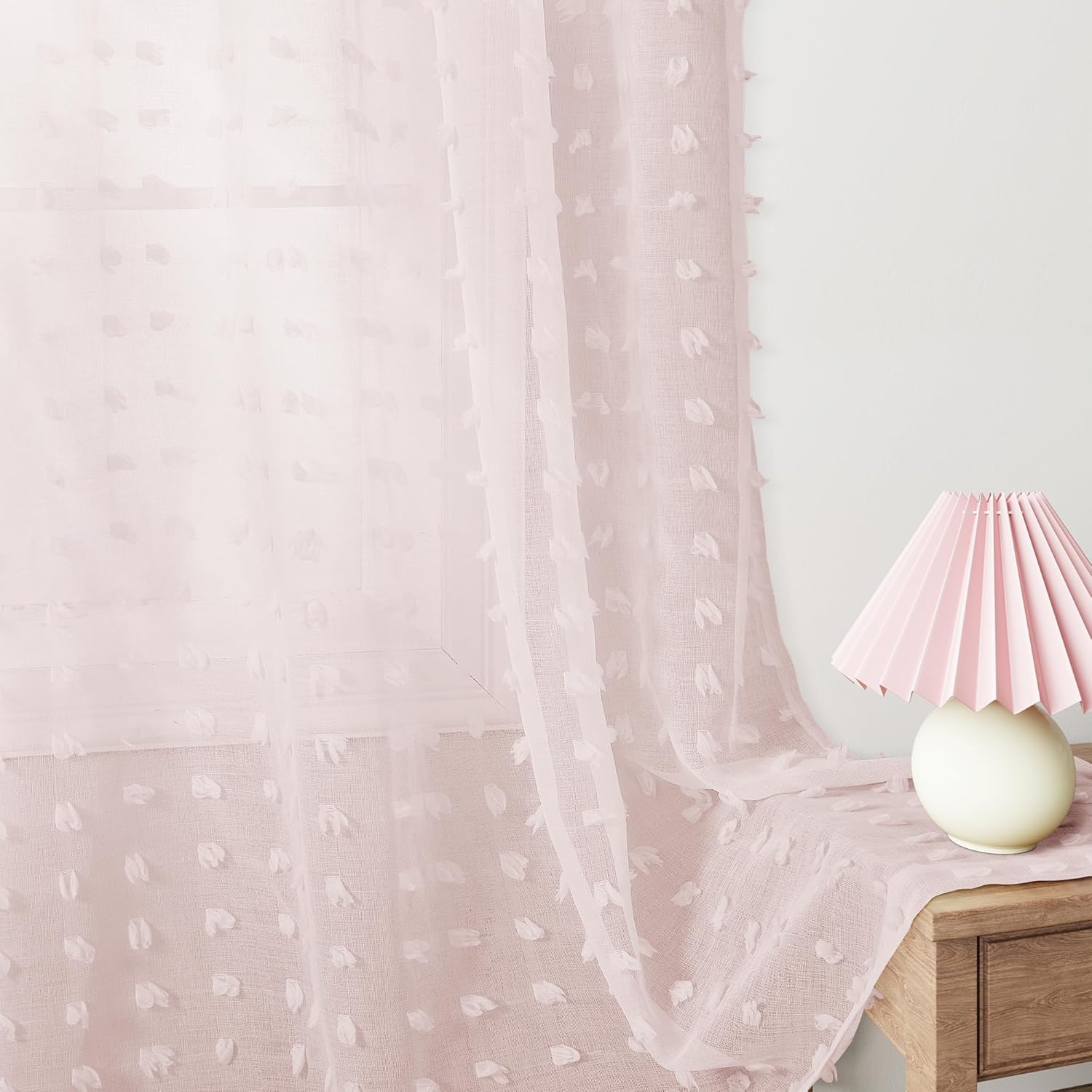 Guken Pom Pom Sheer Curtains 120 Length 2 Panels Pink