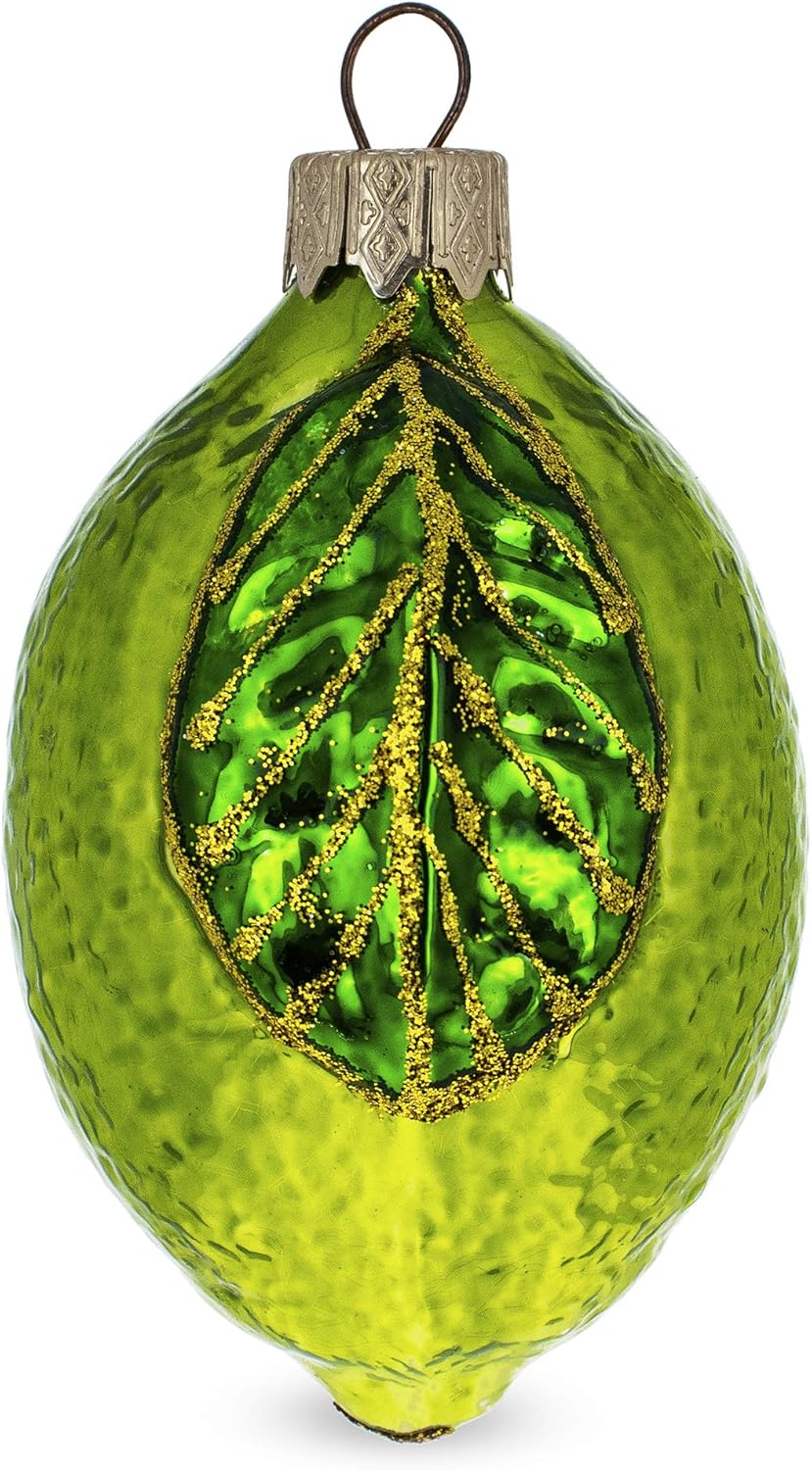Lime with Shiny Leaf Glass Christmas Ornament 1
