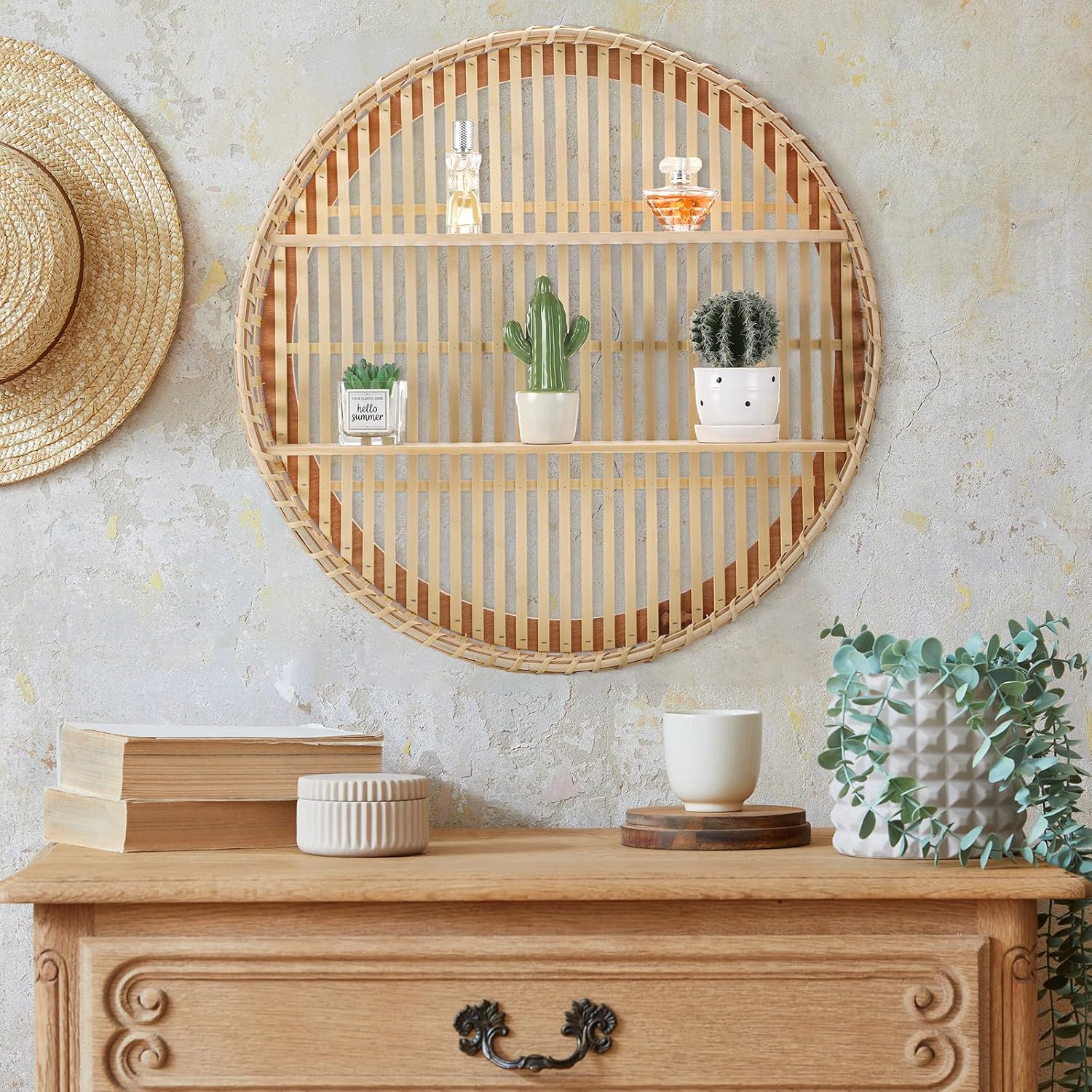 Pinkunn 2 Tier Round Rattan Wall Shelf Boho Decor