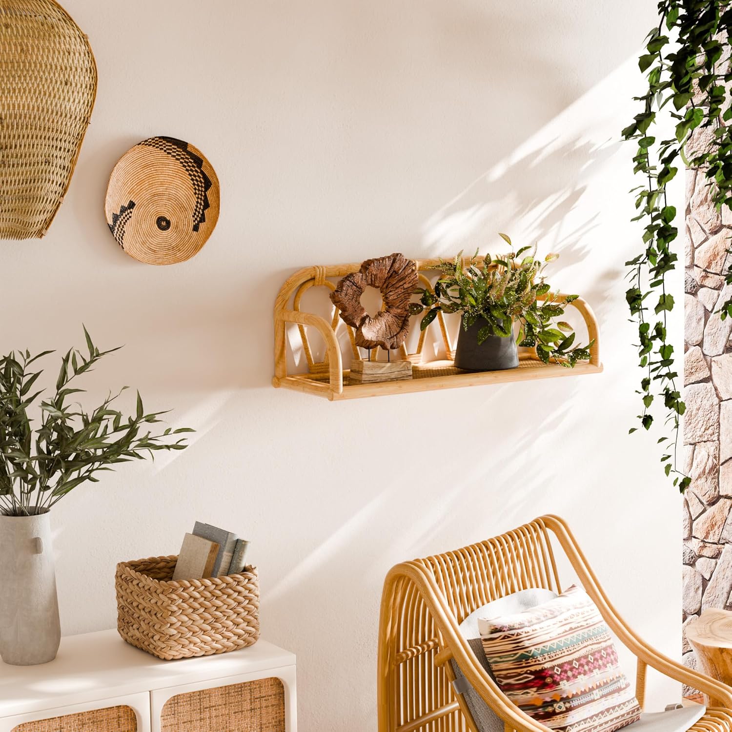 Rattan Wall Shelf Natural Boho Decor Wicker