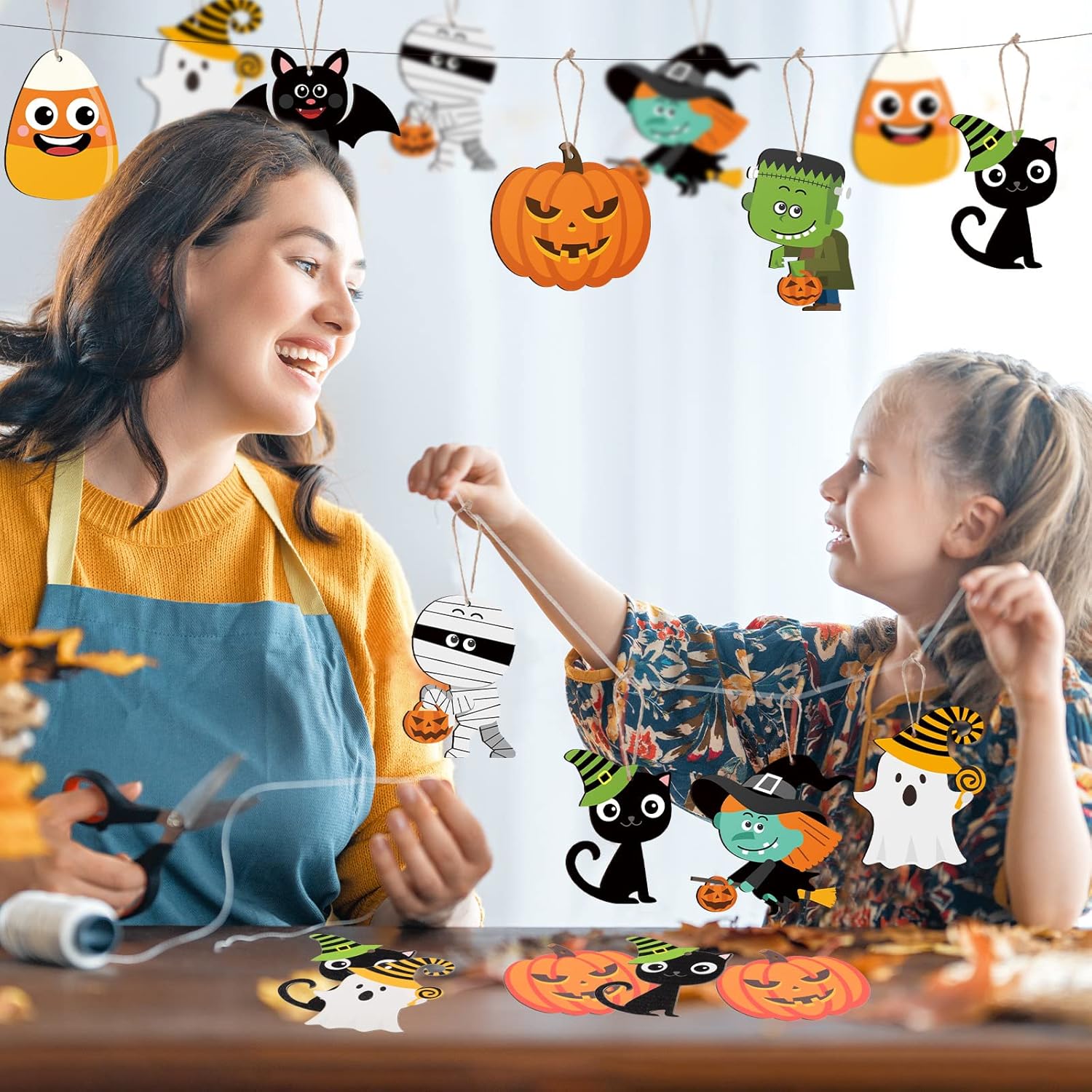 24 Pcs Halloween Wood Tree Ornaments with Rope