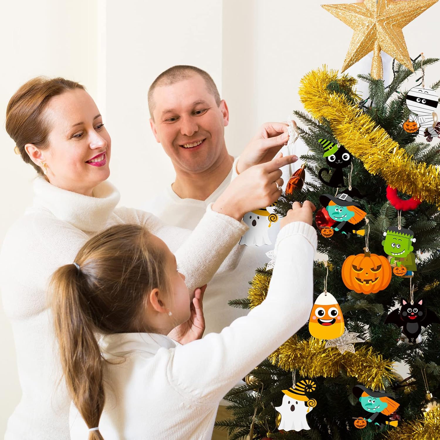 24 Pcs Halloween Wood Tree Ornaments with Rope