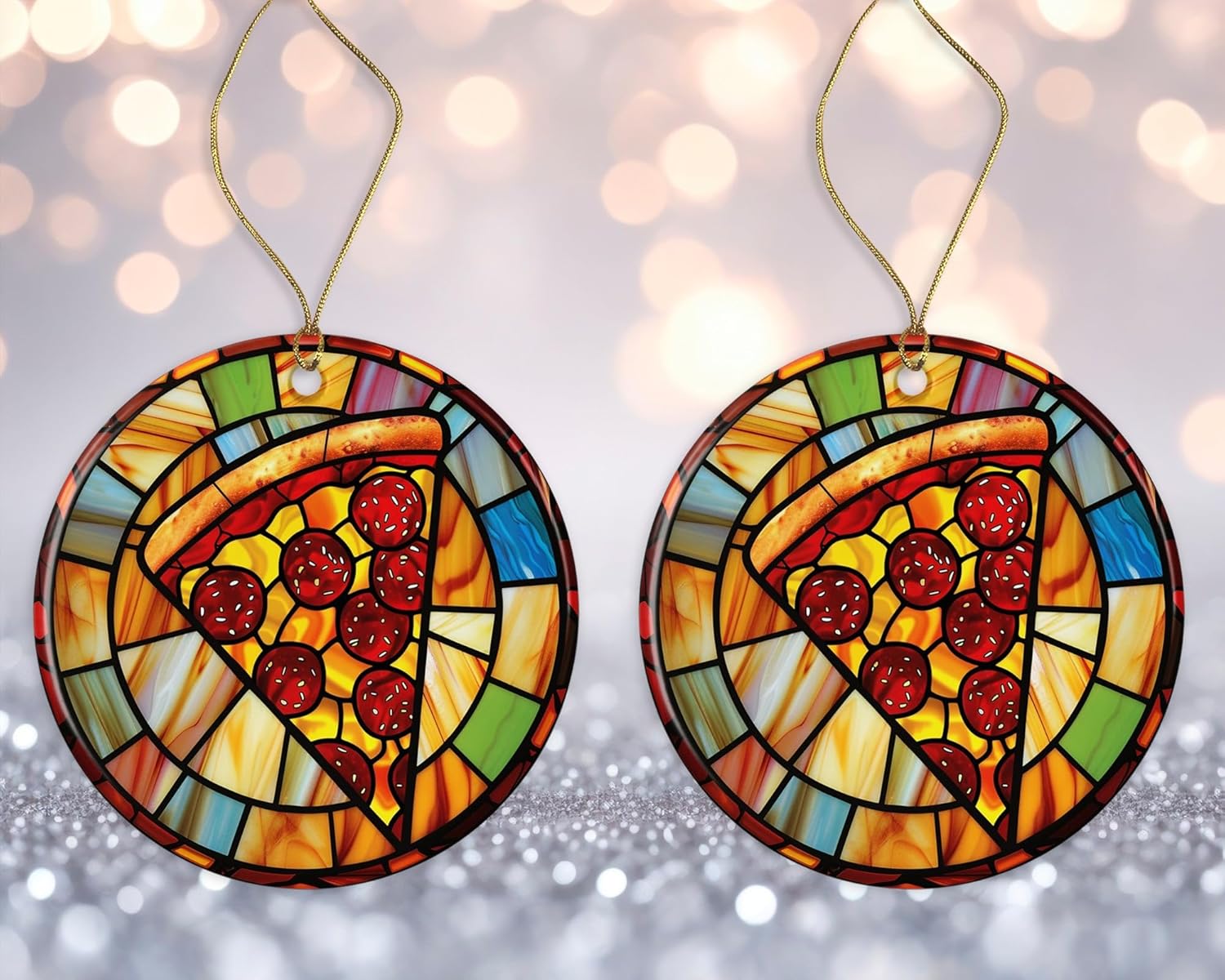 Pizza Stained Glass Ceramic Ornament Funny Christmas Decoration
