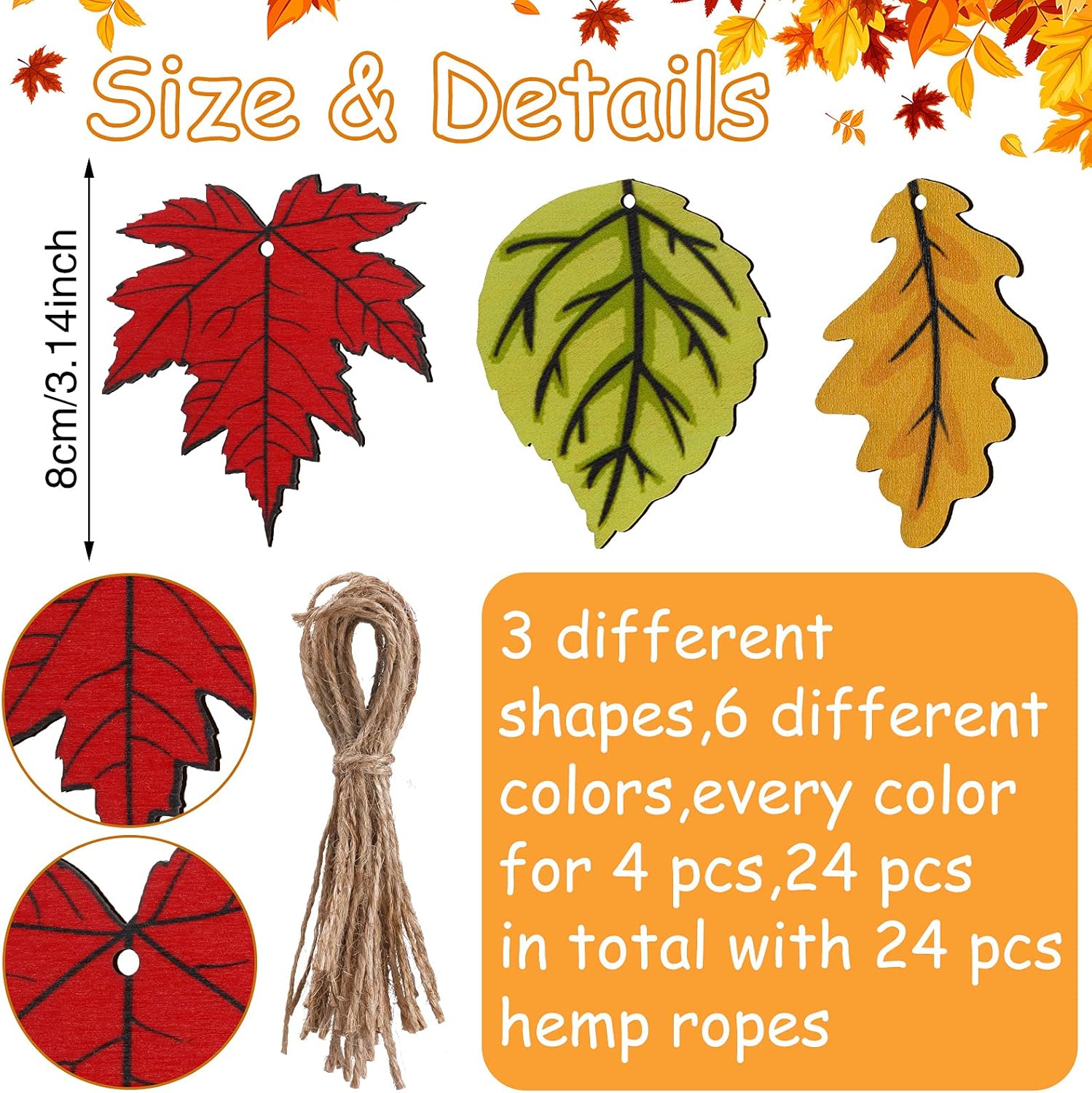 Jetec 24 Pcs Fall Wooden Leaves Hanging Decorations