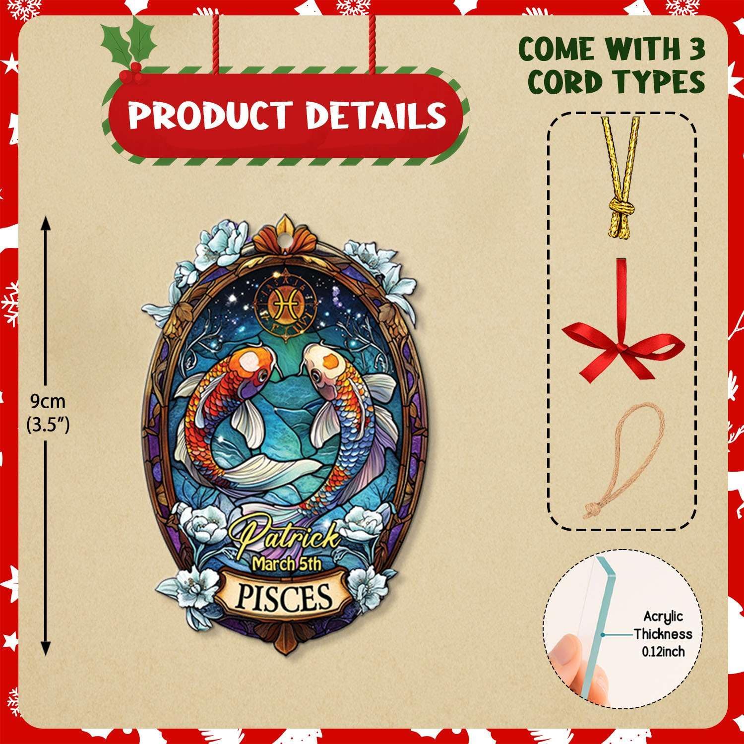 Personalized Pisces Constellation Hanging Ornament for Christmas Tree Decoration