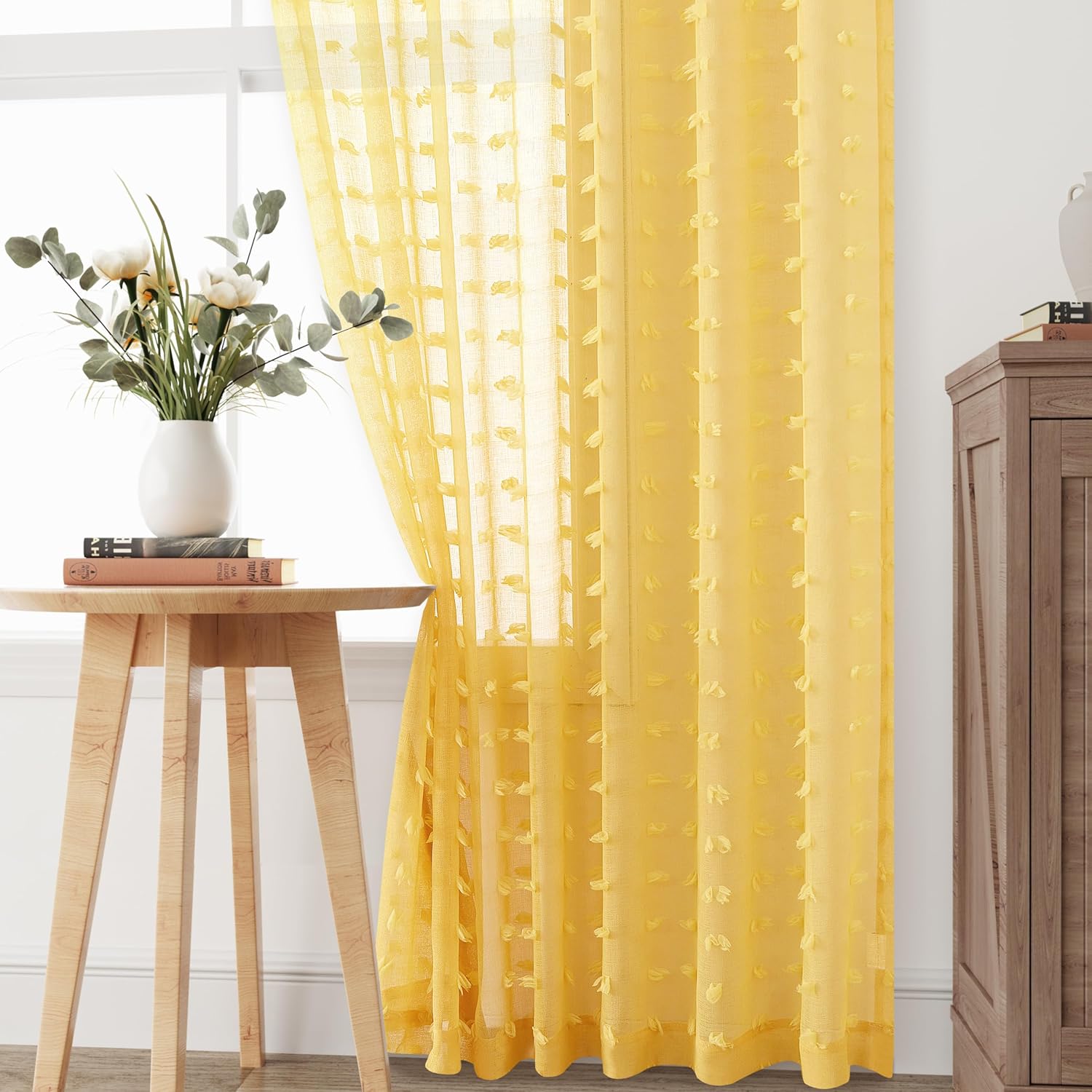 Guken Yellow Semi Sheer Curtains 2 Panels 108 Inches Long