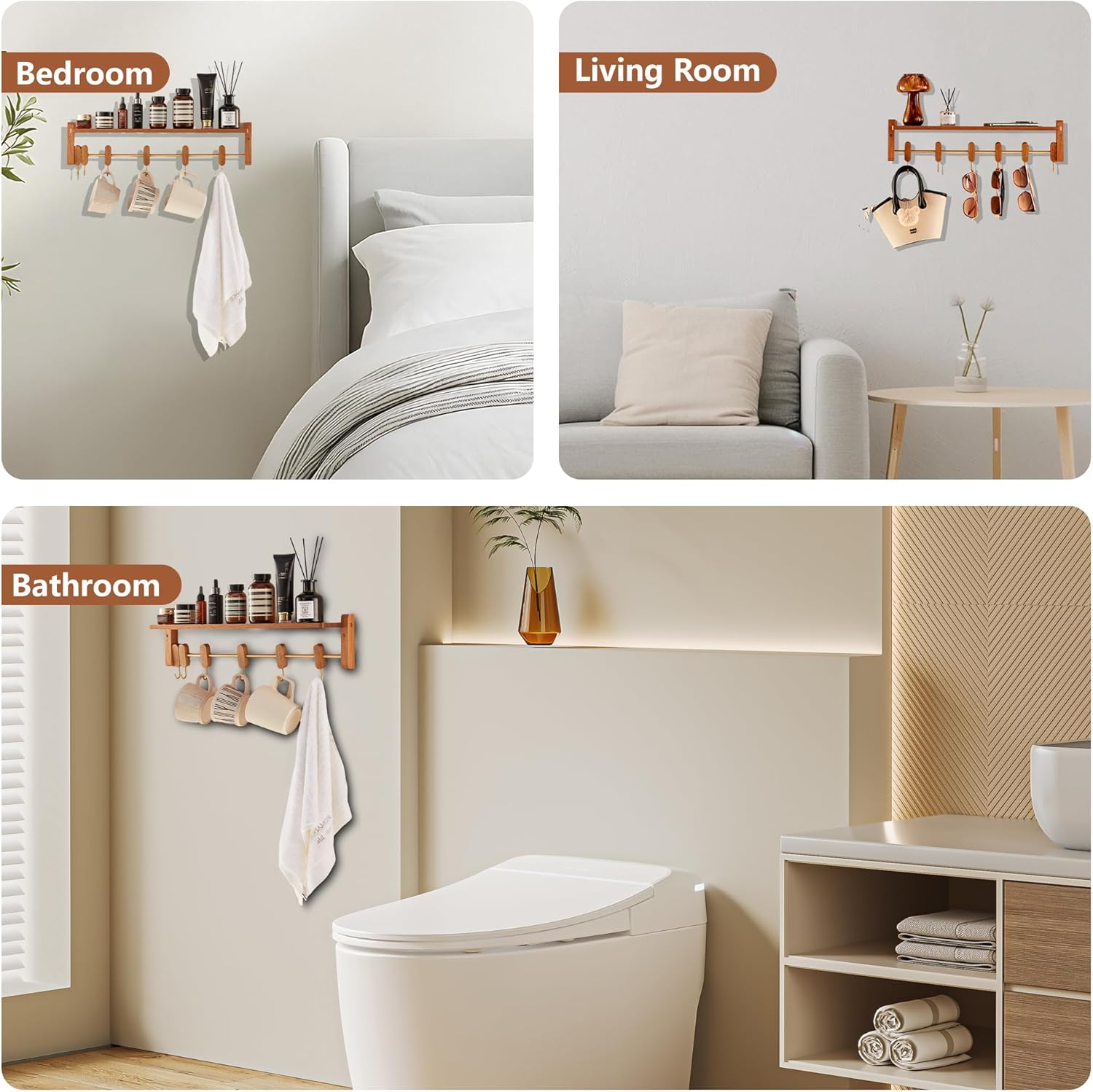 Floating Wall Shelf with 6 Hooks for Home Storage